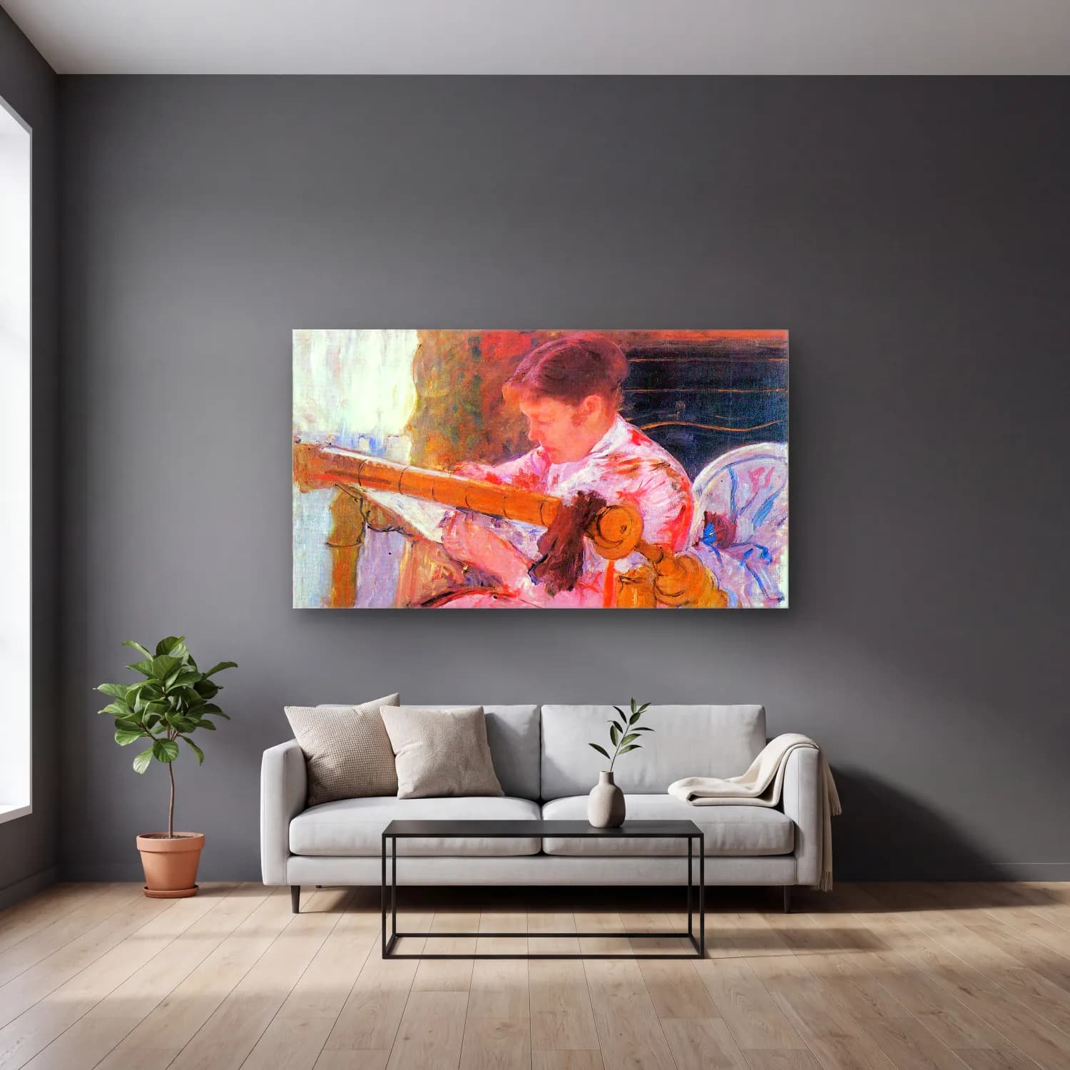 Mary Cassatt – Lydia at the cord framework cam tablo — gri duvarlı salonda