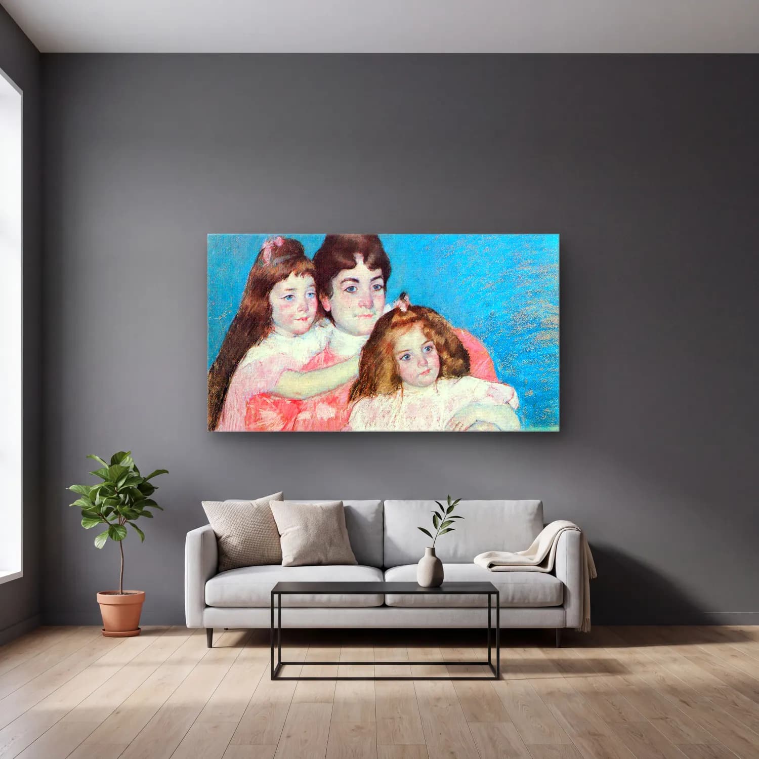Mary Cassatt – Madame A.F. Aude with her two daughters cam tablo — gri duvarlı salonda