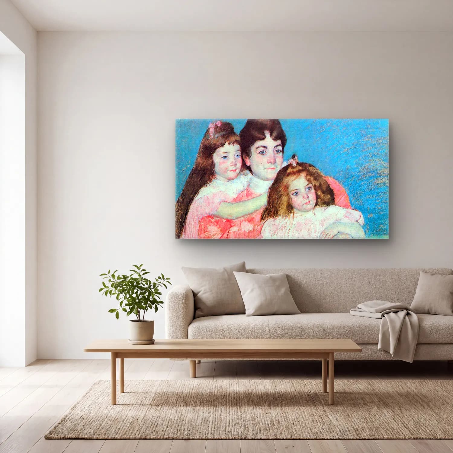 Mary Cassatt – Madame A.F. Aude with her two daughters cam tablo — açık renk salonda