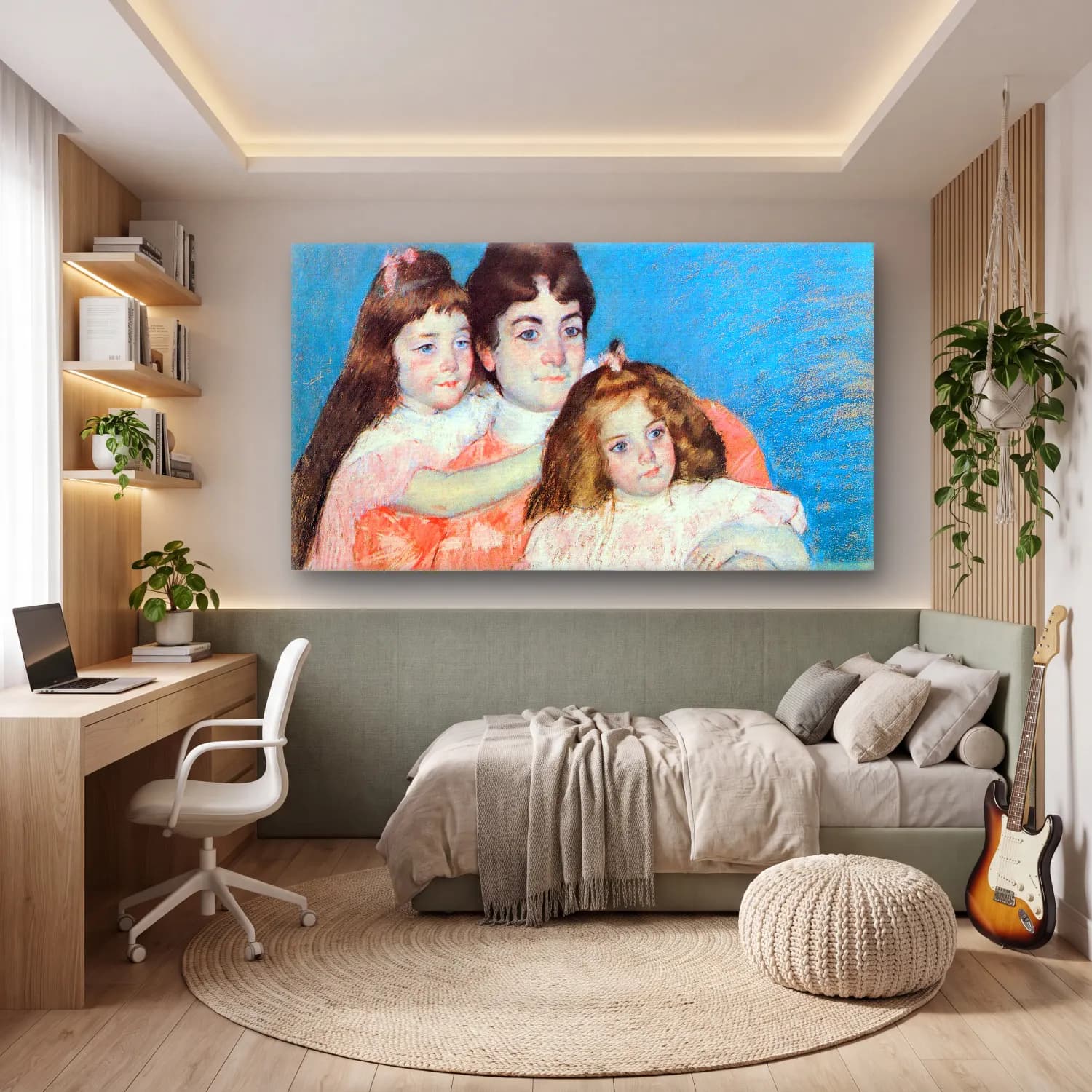 Mary Cassatt – Madame A.F. Aude with her two daughters cam tablo — genç odasında