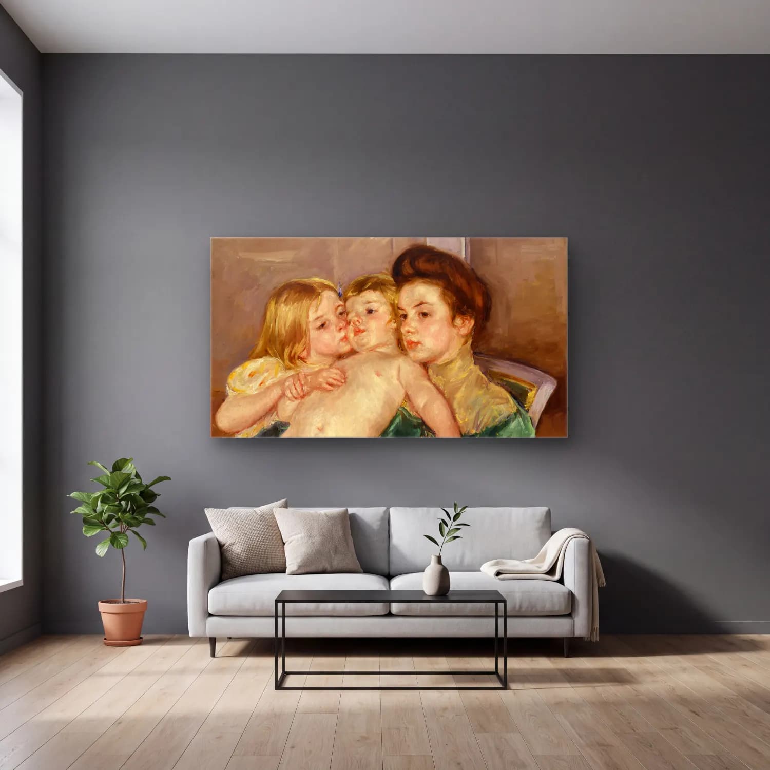 Mary Cassatt – The Caress cam tablo — gri duvarlı salonda
