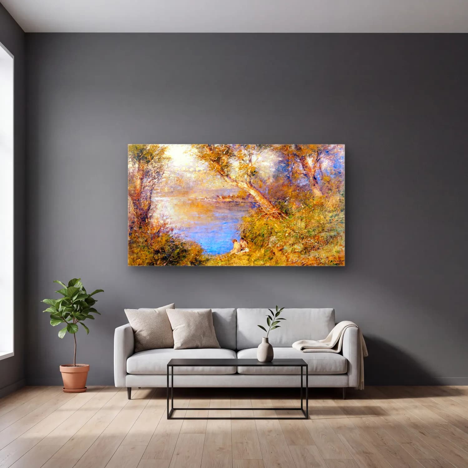 Frederick Mccubbin – Golden Sunlight cam tablo — gri duvarlı salonda