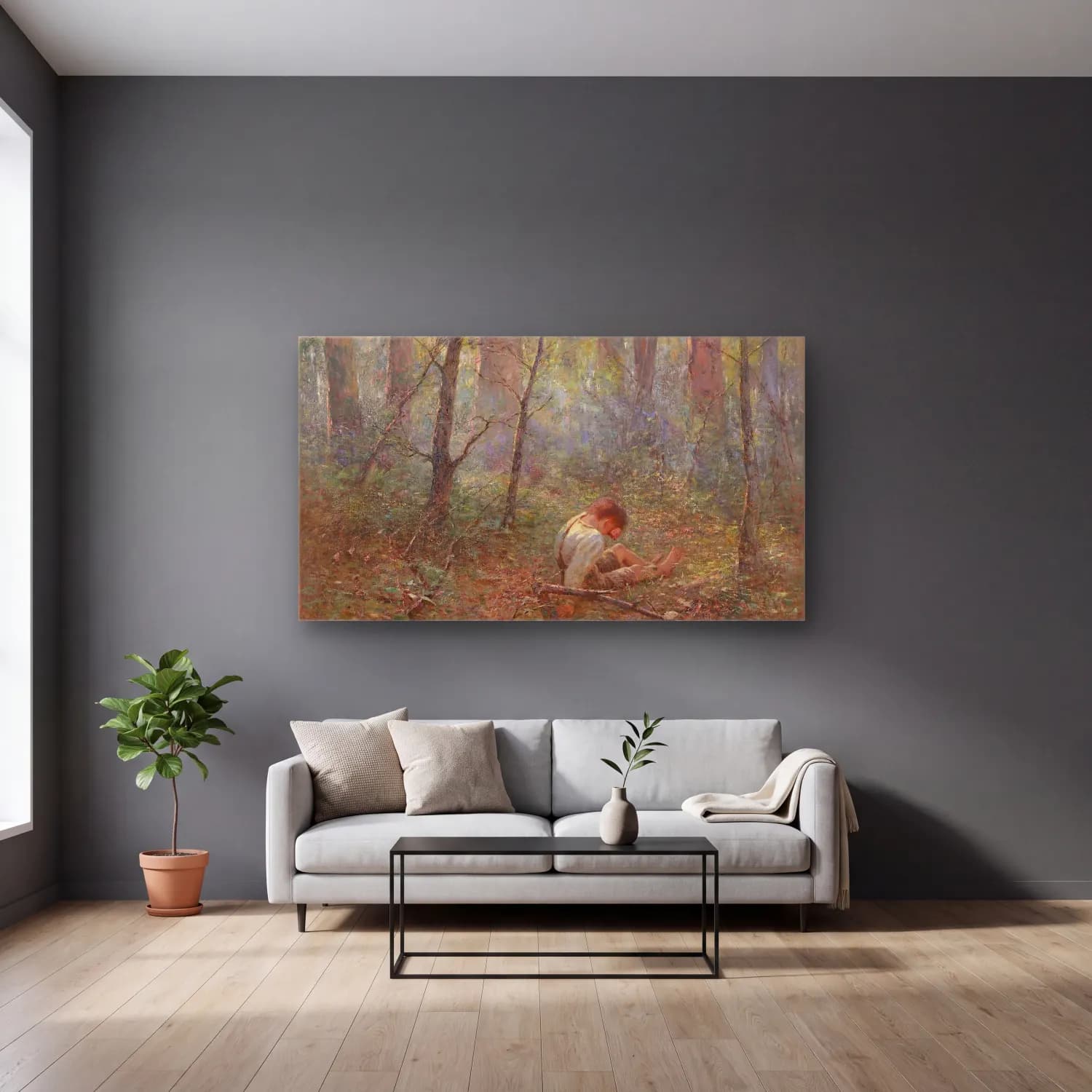 Frederick Mccubbin – Lost In The Bush cam tablo — gri duvarlı salonda
