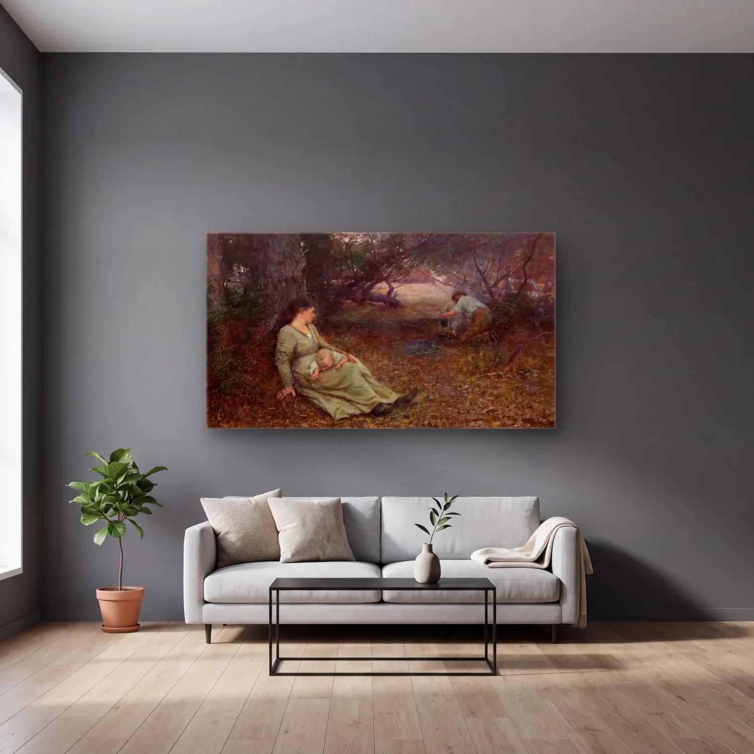 Frederick Mccubbin – On the Wallaby Track cam tablo — gri duvarlı salonda