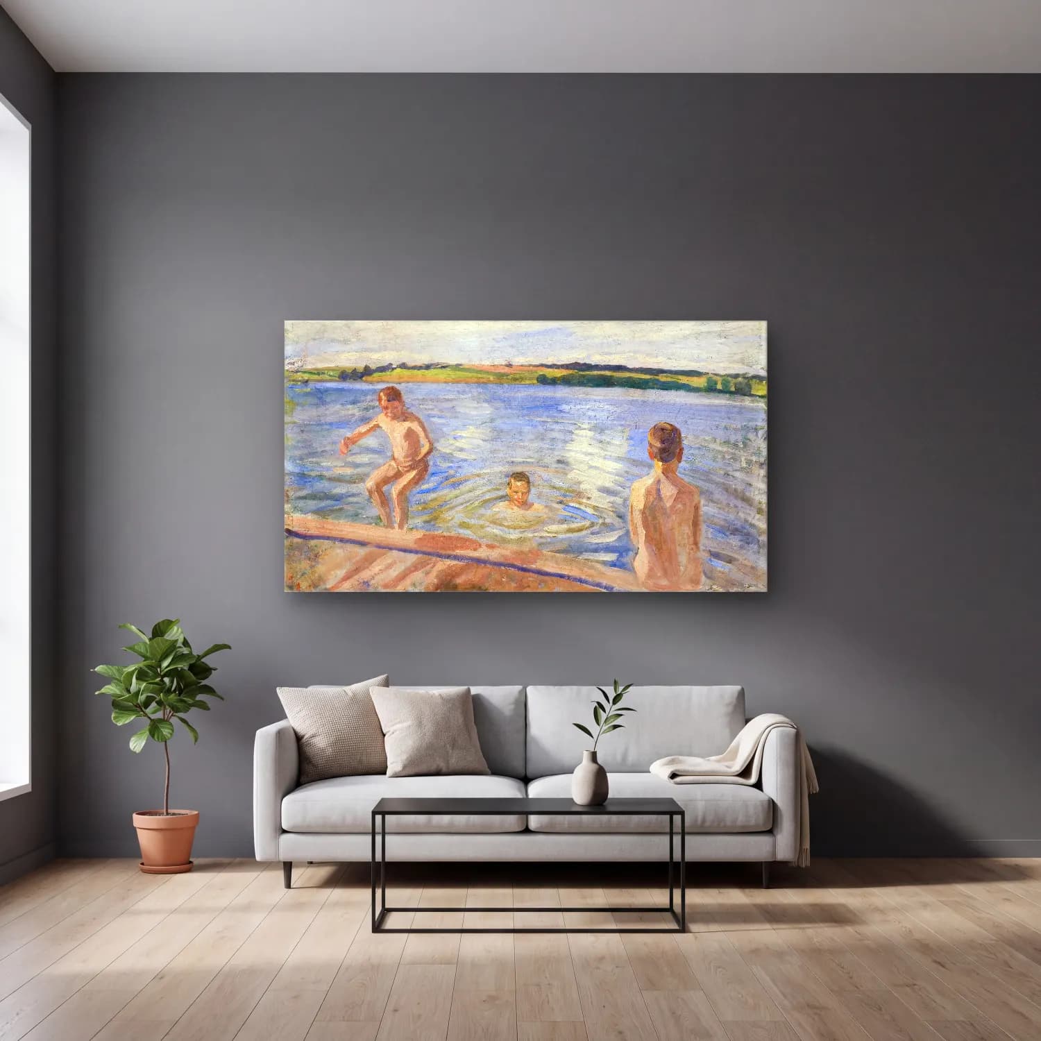 Peter Hansen – Boys Bathing cam tablo — gri duvarlı salonda