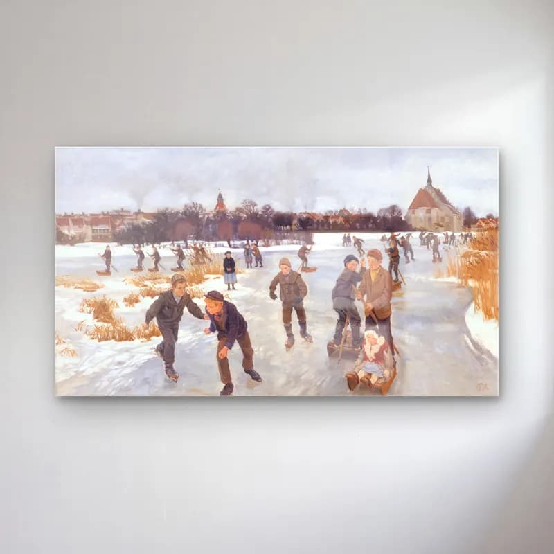 Peter Hansen – Children skating outside Fåborg cam tablo — Peter Hansen – Children skating outside Fåborg — yağlı boya kayak