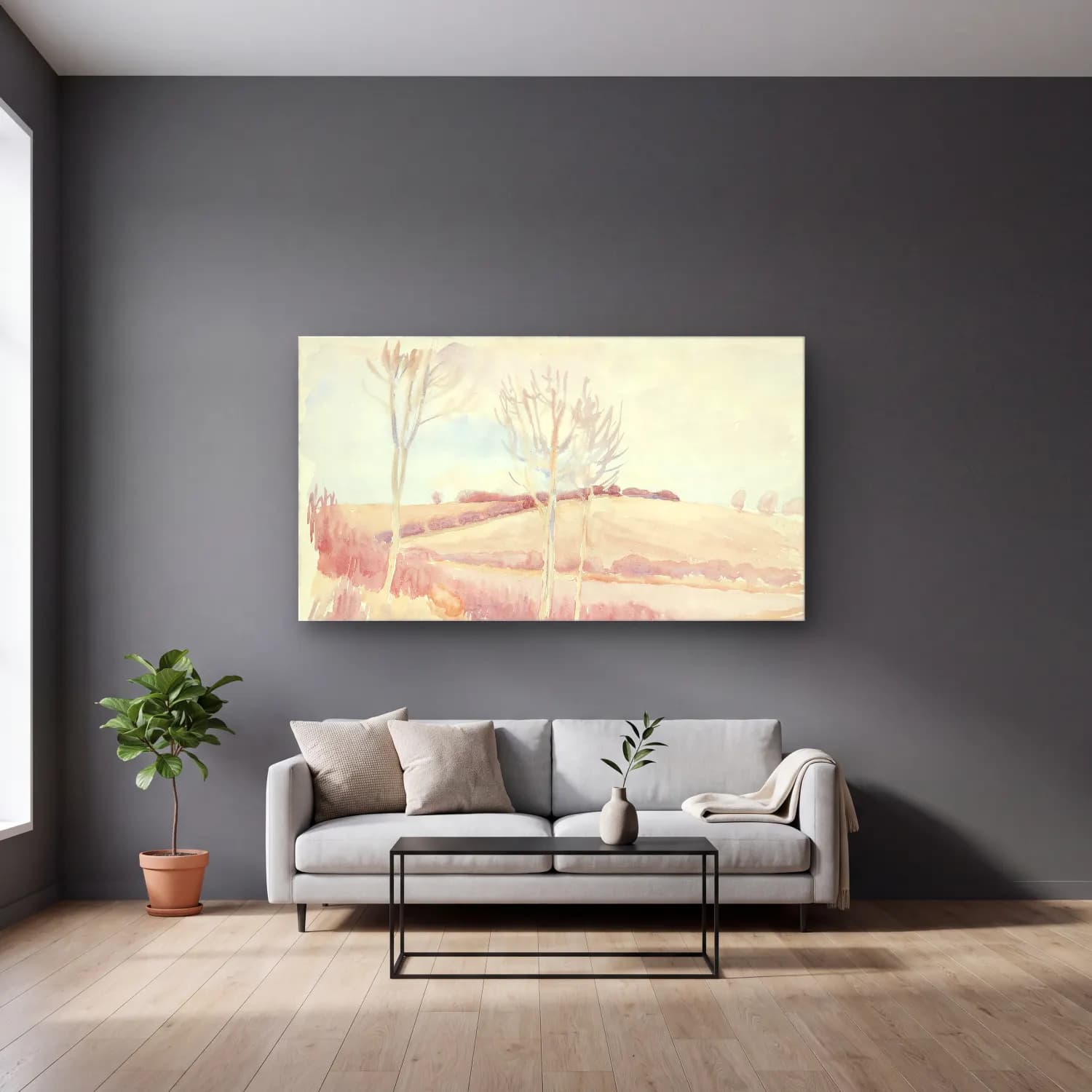 Peter Hansen – Funen landscape cam tablo — gri duvarlı salonda
