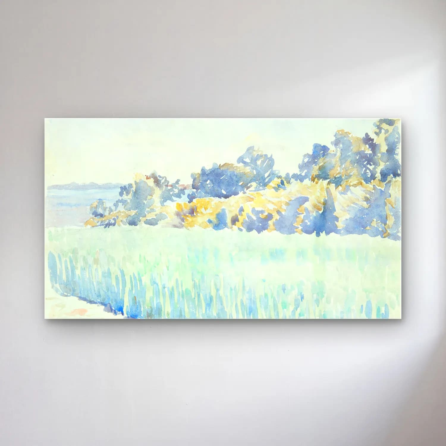 Peter Hansen – Funen landscape – Mavi Tonlar cam tablo — Peter Hansen – Funen landscape – Mavi Tonlar — suluboya buğday tarlası
