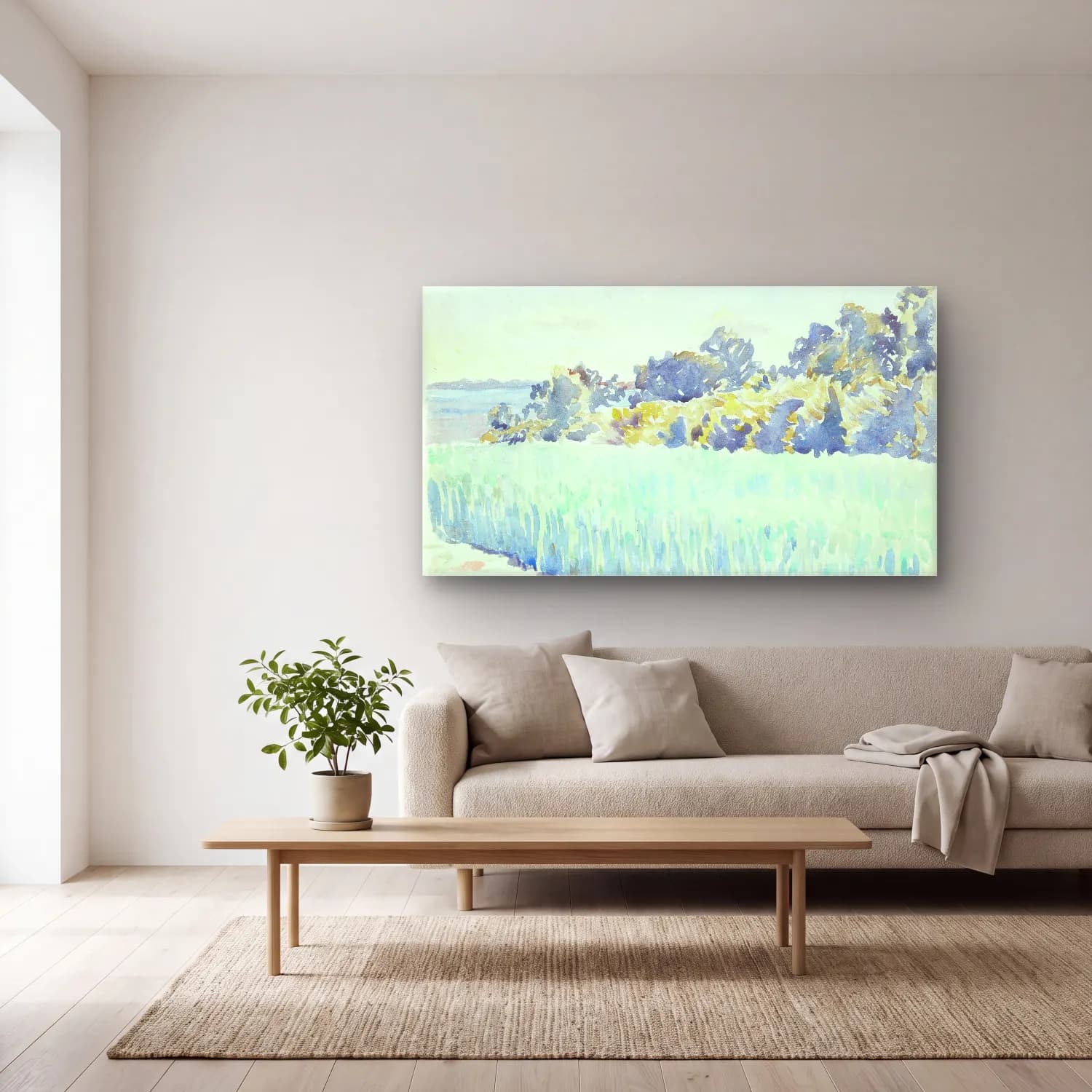 Peter Hansen – Funen landscape – Mavi Tonlar cam tablo — açık renk salonda