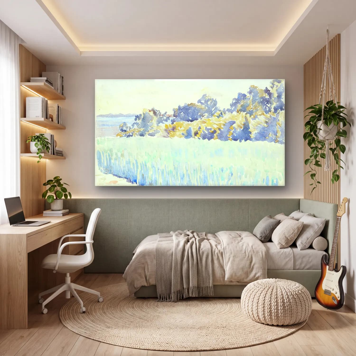 Peter Hansen – Funen landscape – Mavi Tonlar cam tablo — genç odasında