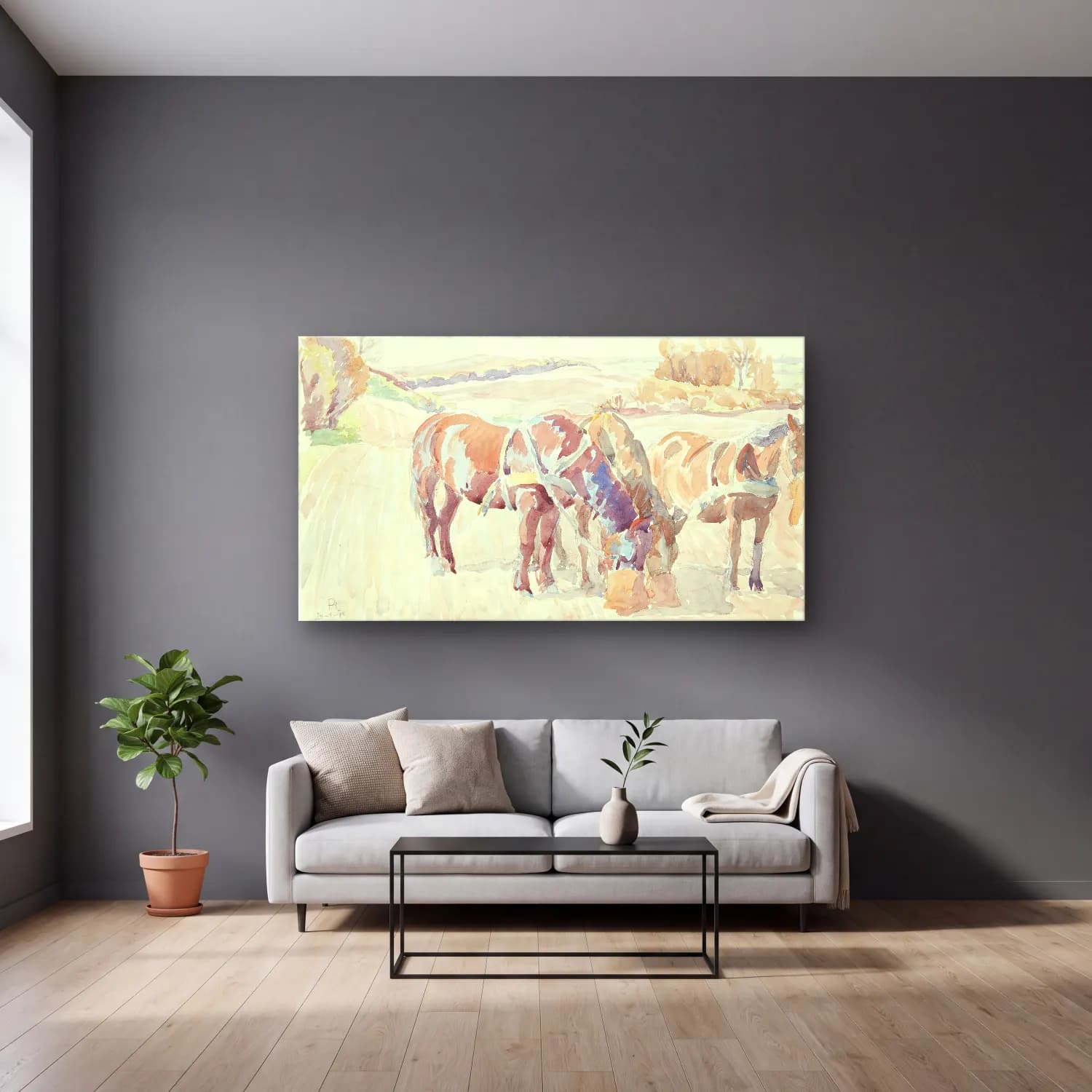 Peter Hansen – Horses in the field cam tablo — gri duvarlı salonda
