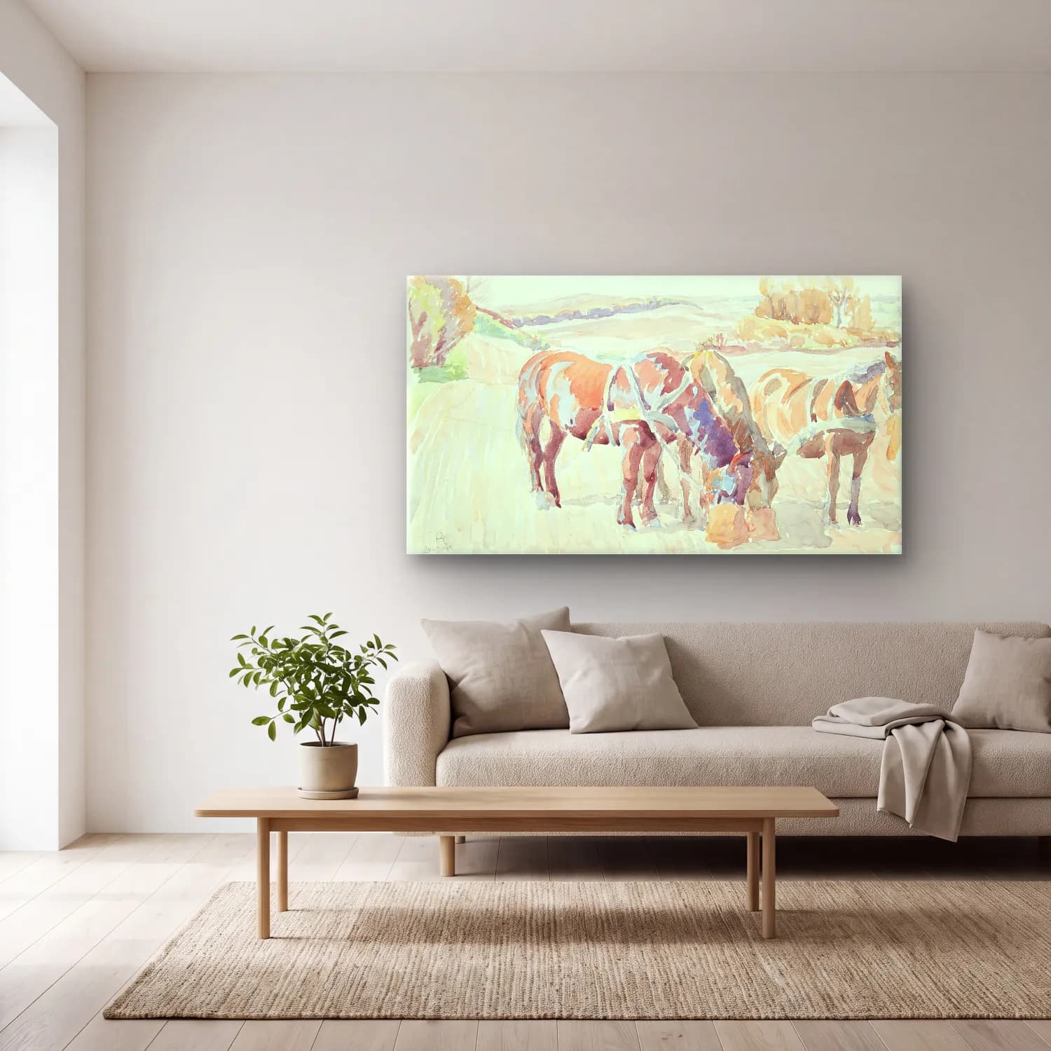 Peter Hansen – Horses in the field cam tablo — açık renk salonda
