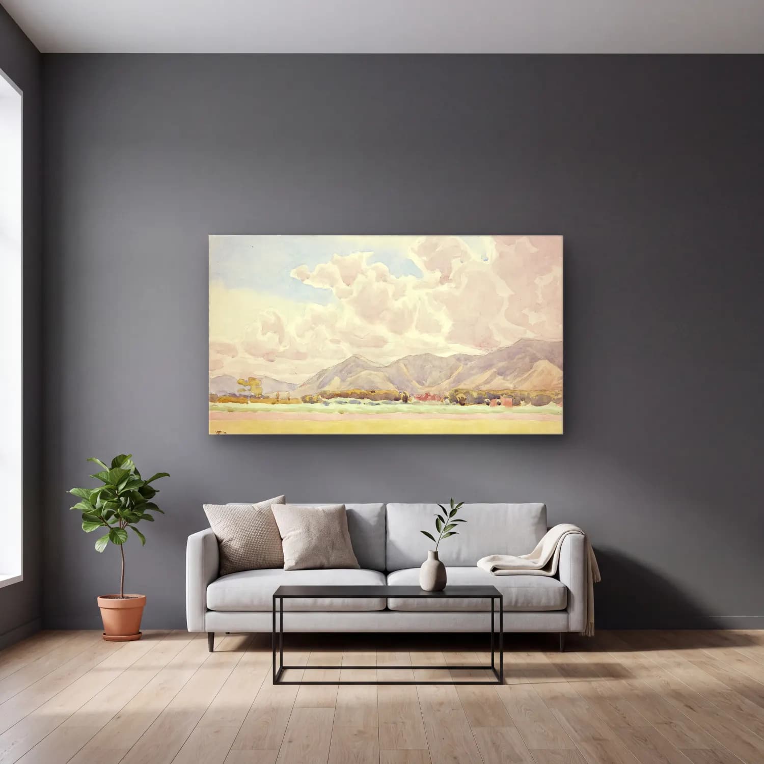 Peter Hansen – Italian landscape cam tablo — gri duvarlı salonda