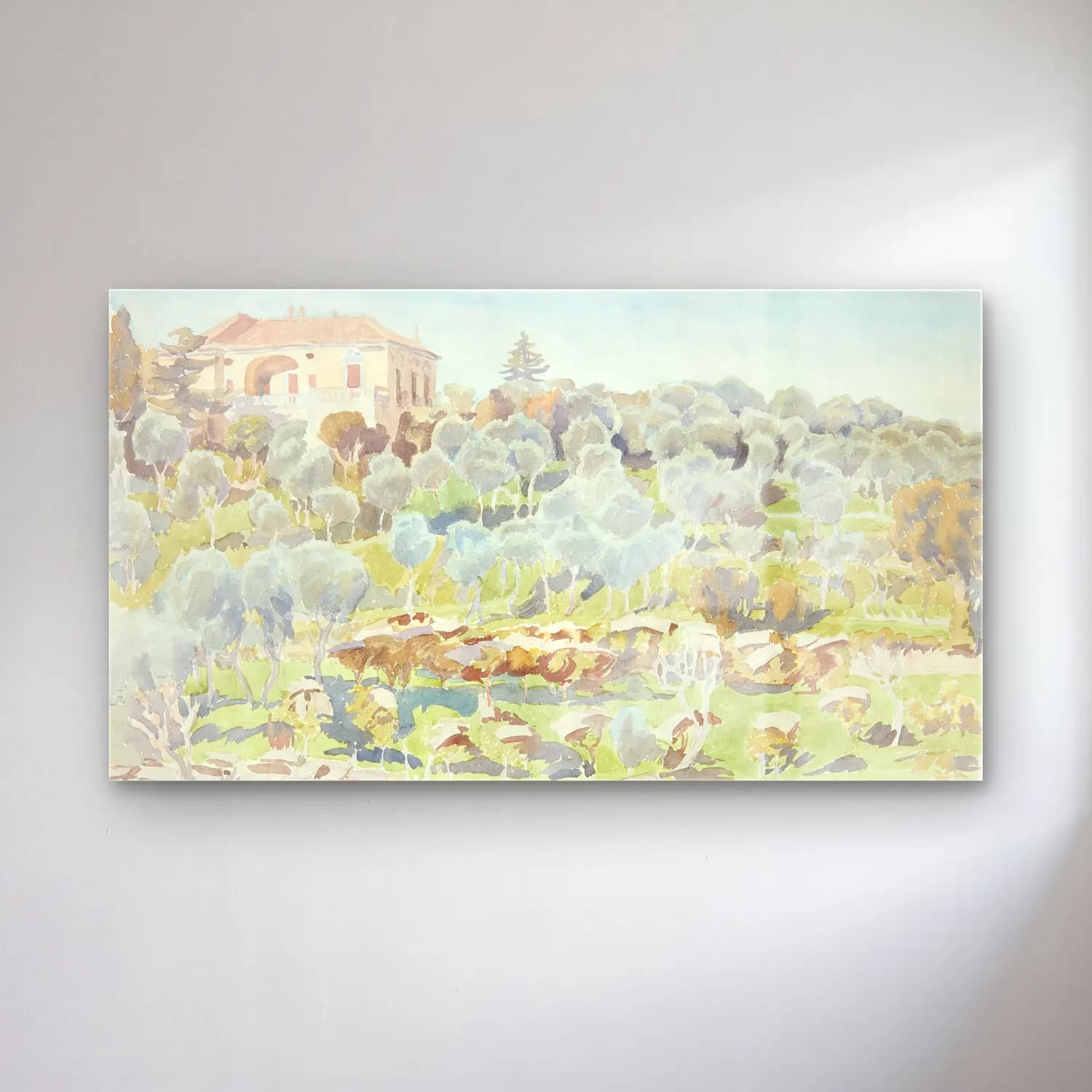 Peter Hansen – Mountainside with olive trees and a villa cam tablo — Peter Hansen – Mountainside with olive trees and a villa — suluboya i̇talyan sahili