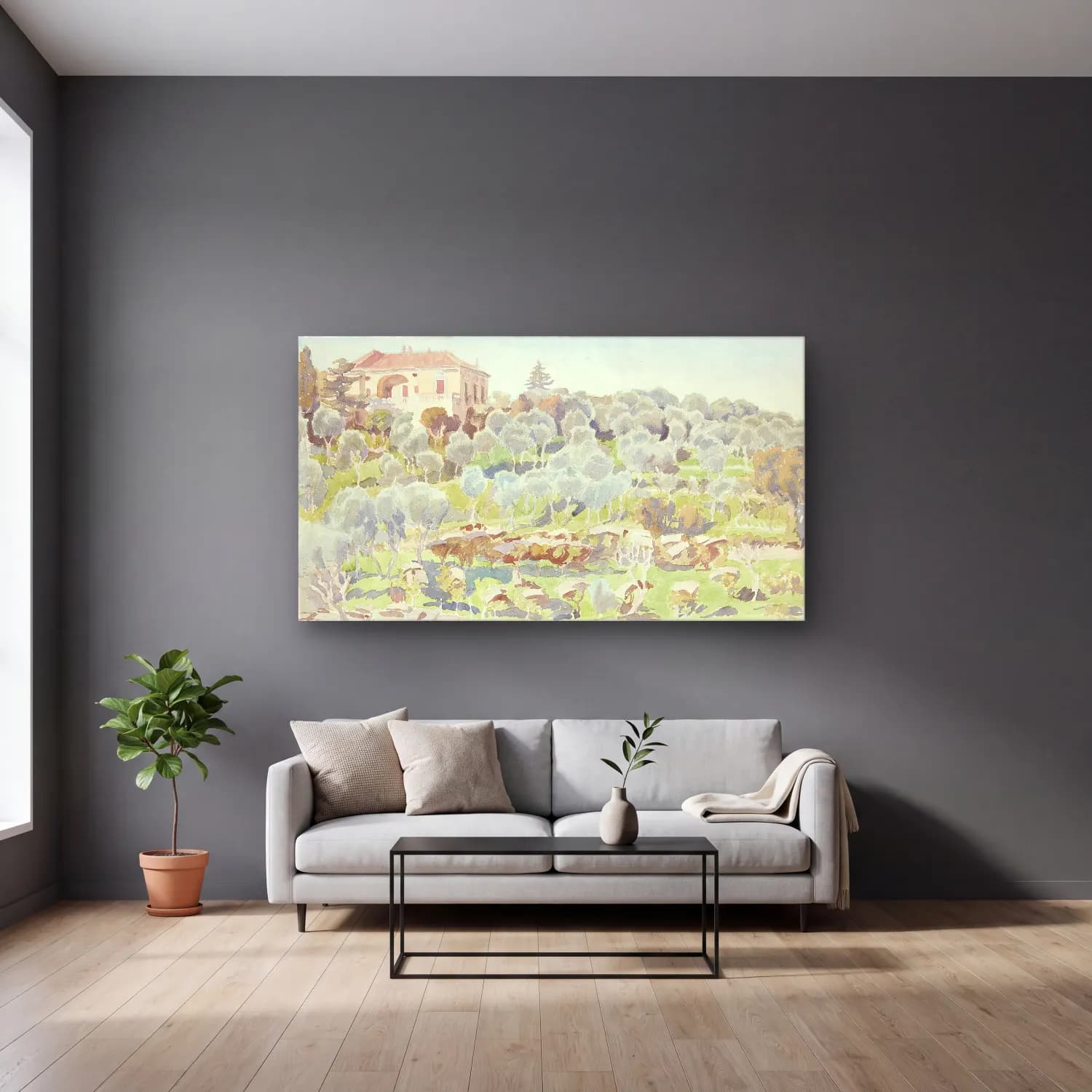 Peter Hansen – Mountainside with olive trees and a villa cam tablo — gri duvarlı salonda