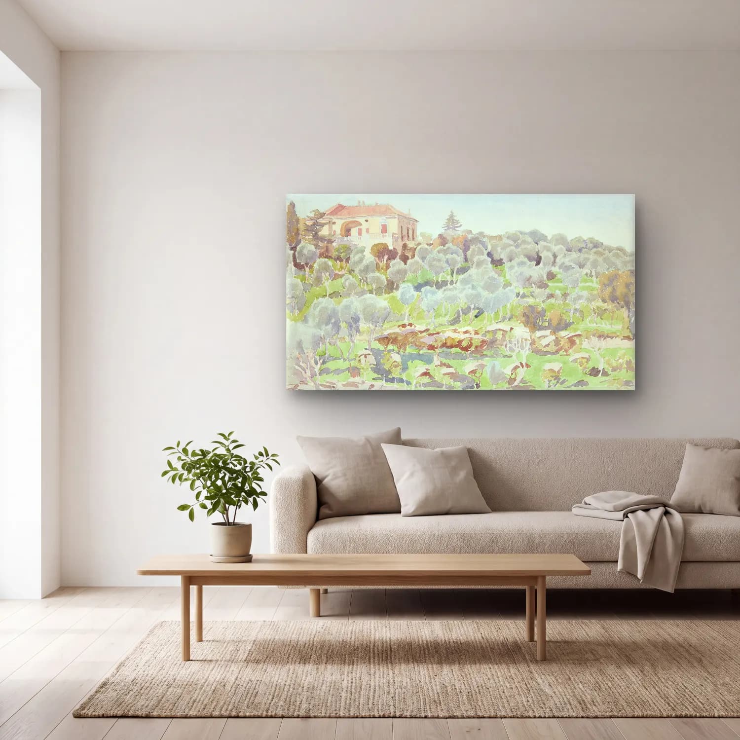 Peter Hansen – Mountainside with olive trees and a villa cam tablo — açık renk salonda
