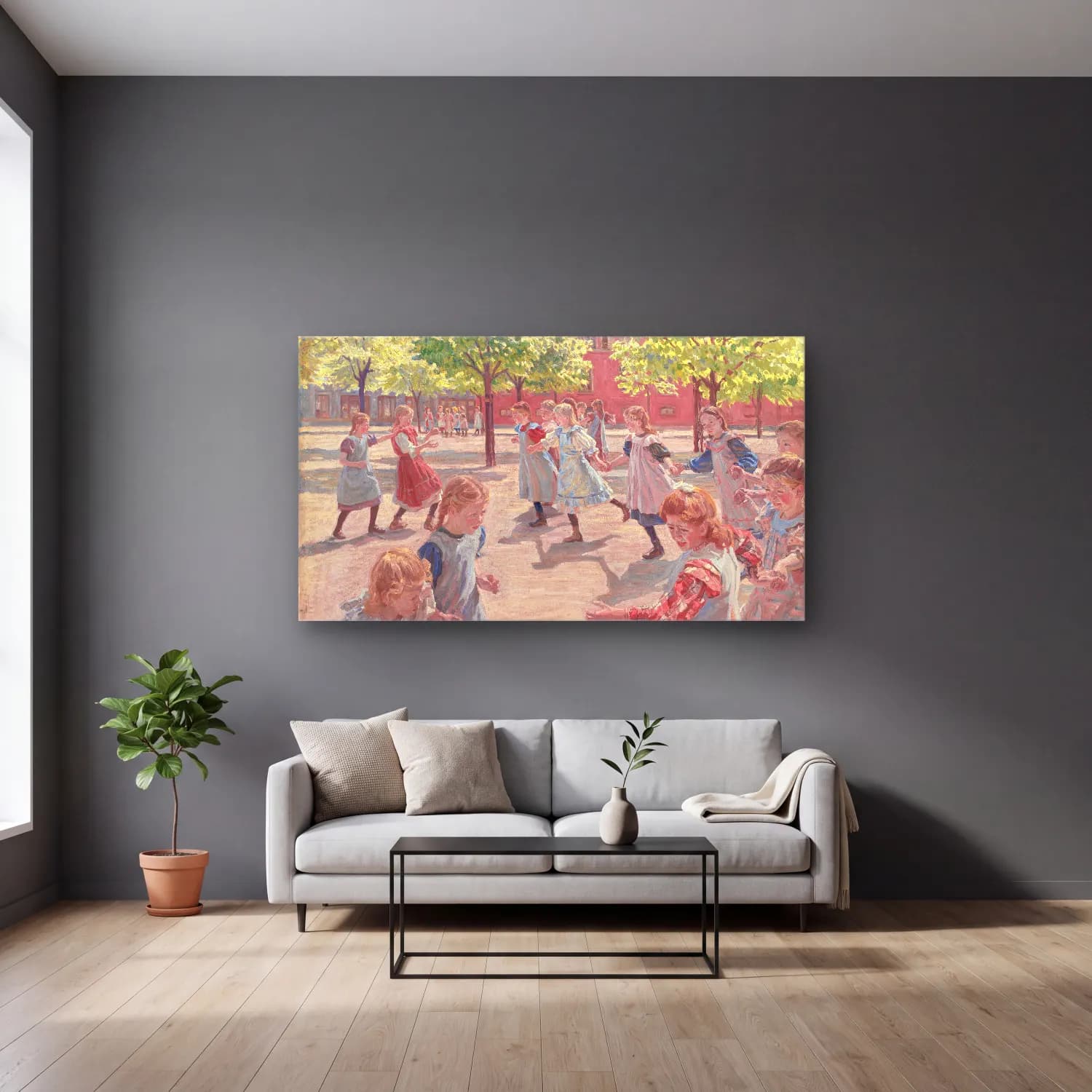 Peter Hansen – Playing Children, Meadow Square cam tablo — gri duvarlı salonda