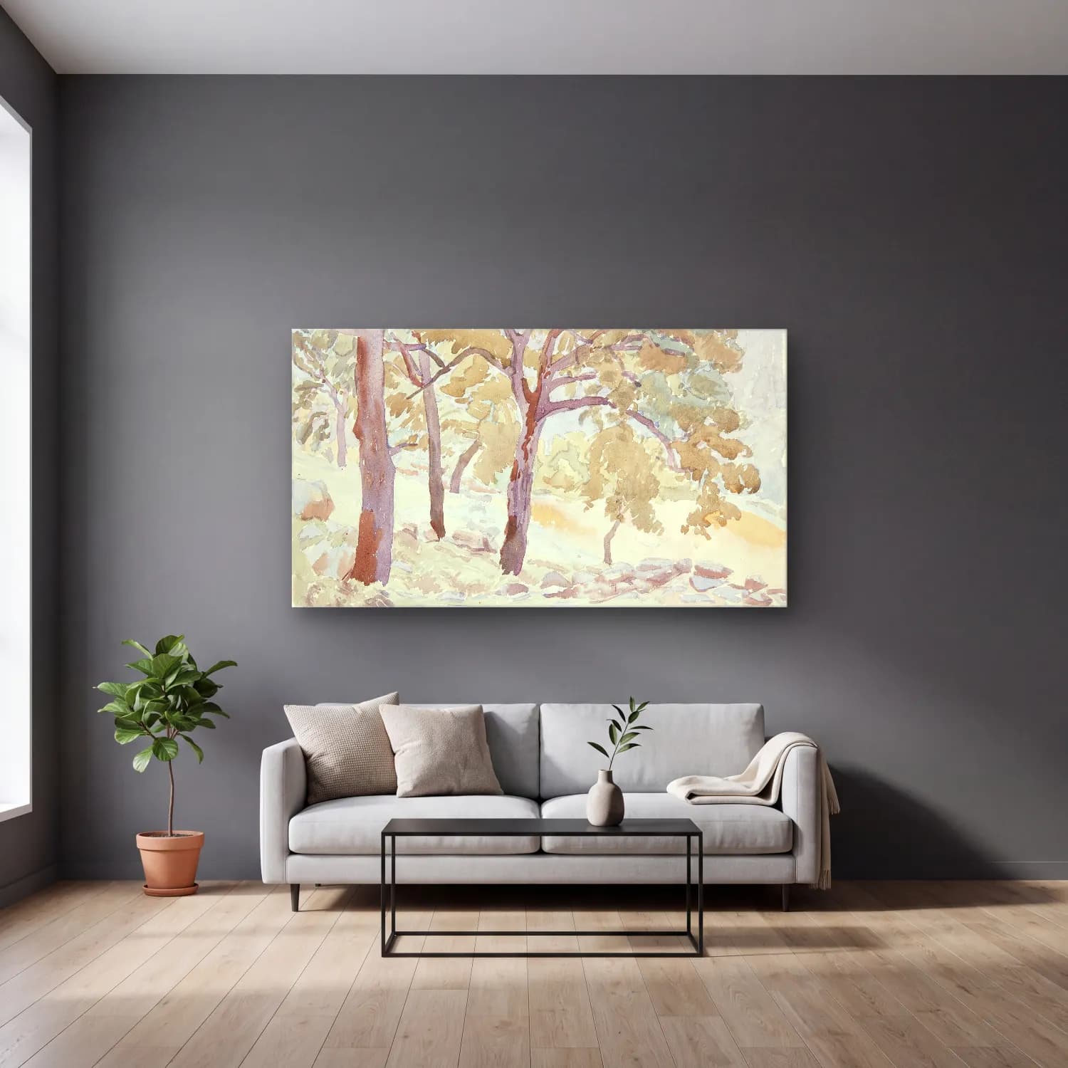 Peter Hansen – The edge of a forest cam tablo — gri duvarlı salonda