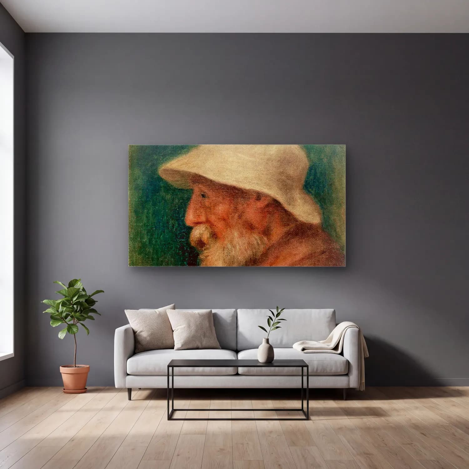 Pierre-Auguste Renoir – Autoportrait cam tablo — gri duvarlı salonda