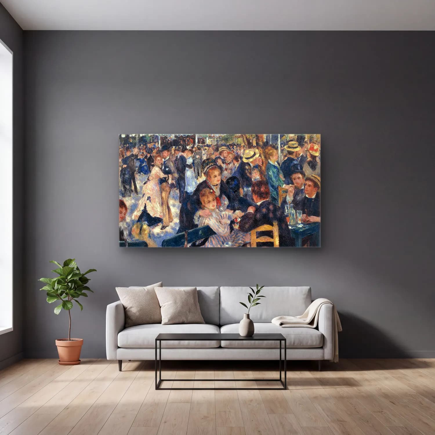Pierre-Auguste Renoir – Bal du moulin de la Galette cam tablo — gri duvarlı salonda
