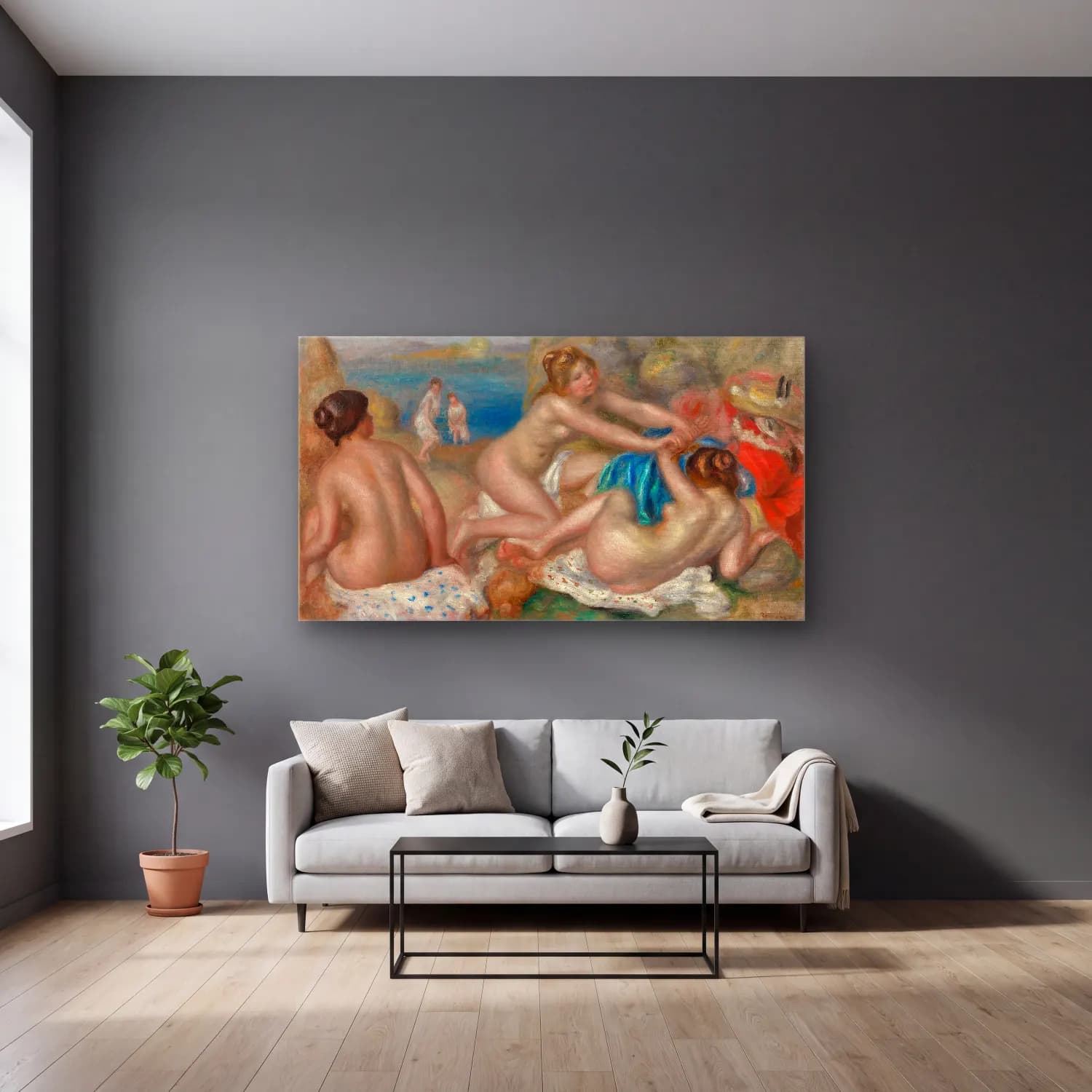 Pierre-Auguste Renoir – Bathers Playing with a Crab cam tablo — gri duvarlı salonda