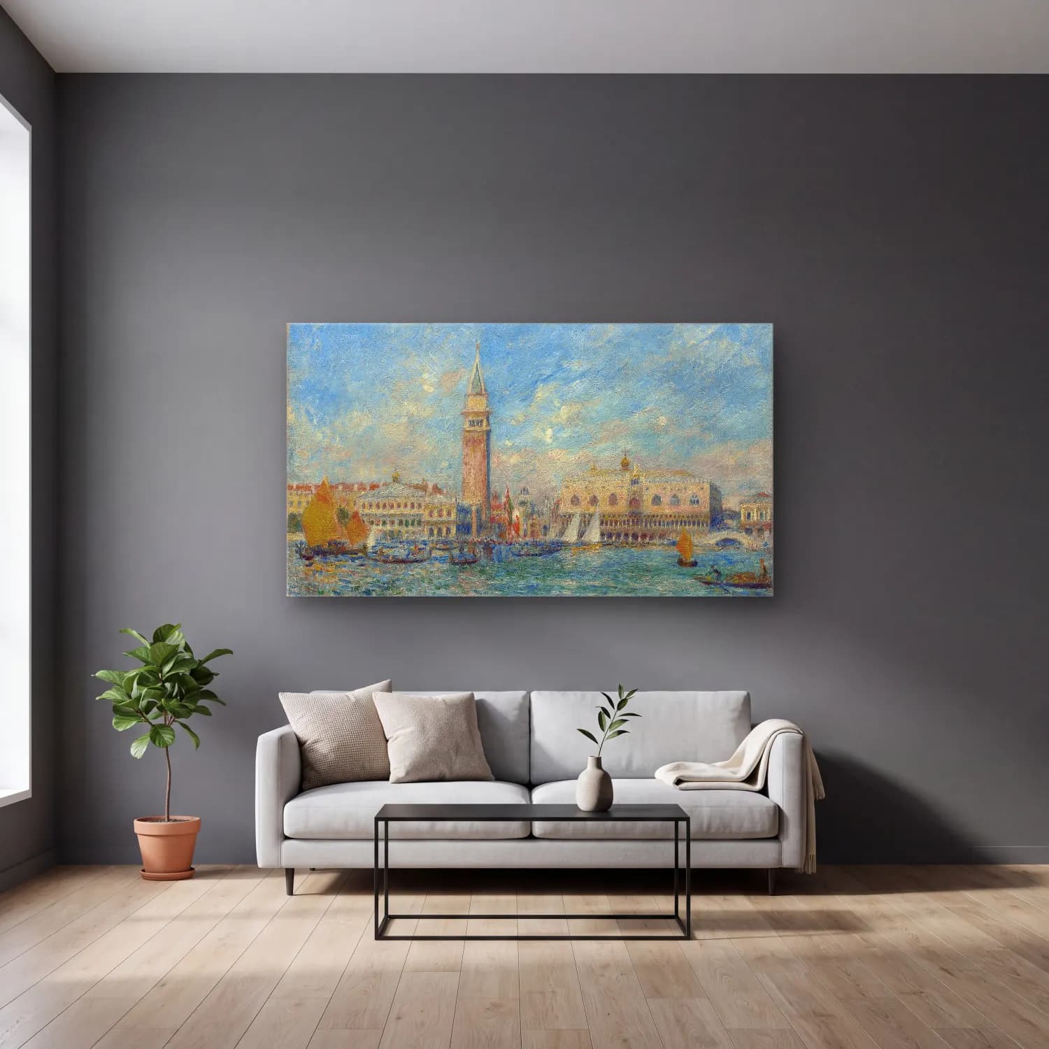 Pierre-Auguste Renoir – Doges Palace, Venice cam tablo — gri duvarlı salonda