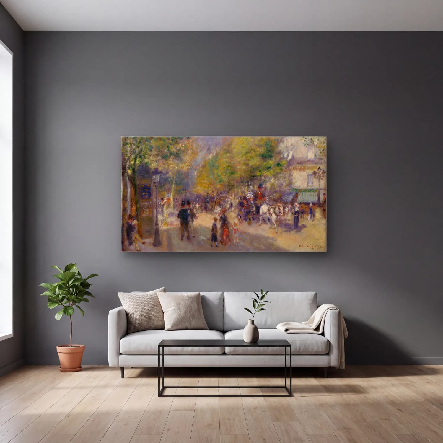 Pierre-Auguste Renoir – Grande Boulevards cam tablo — gri duvarlı salonda