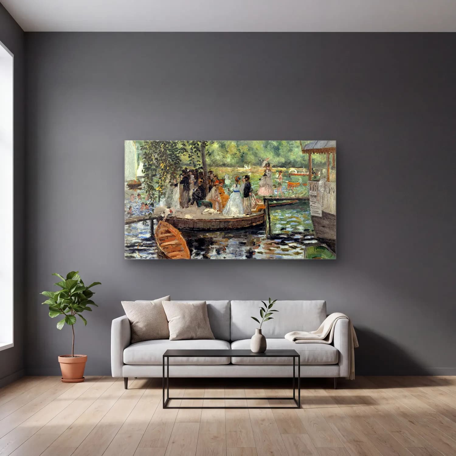 Pierre-Auguste Renoir – La Grenouillere cam tablo — gri duvarlı salonda