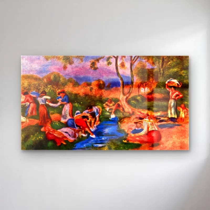 Pierre-Auguste Renoir – Laundresses cam tablo — Pierre-Auguste Renoir – Laundresses — empresyonist kırda nehir