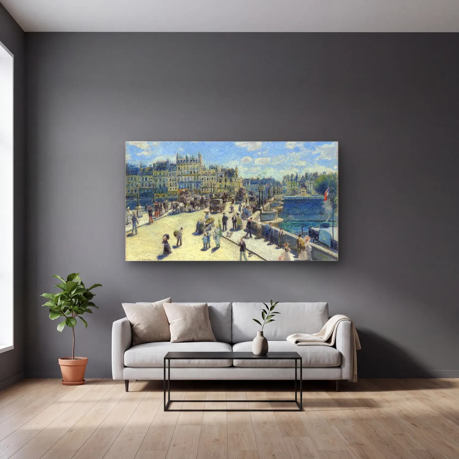 Pierre-Auguste Renoir – Le Pont-Neuf cam tablo — gri duvarlı salonda