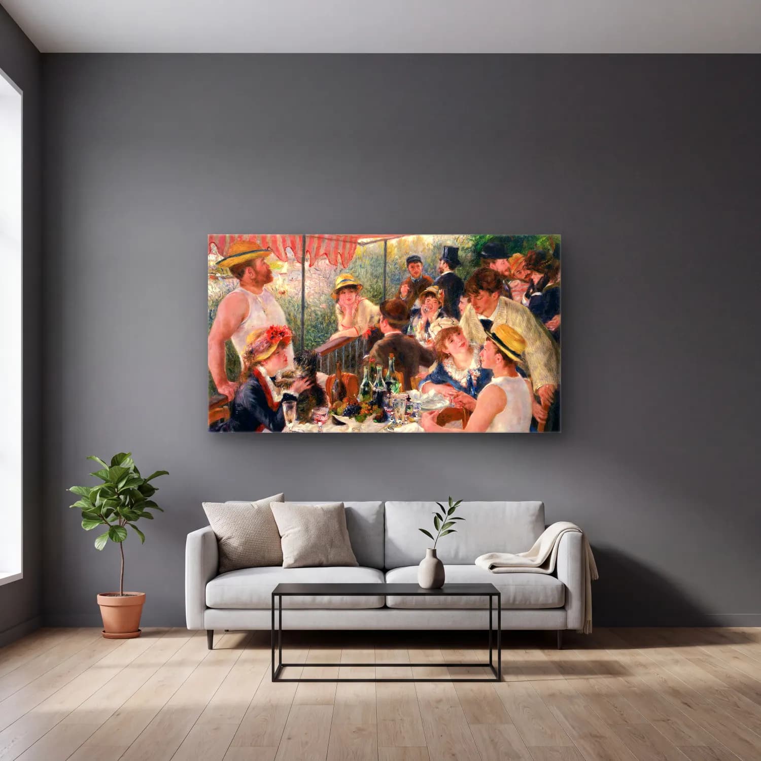 Pierre-Auguste Renoir – Luncheon of the boating party cam tablo — gri duvarlı salonda