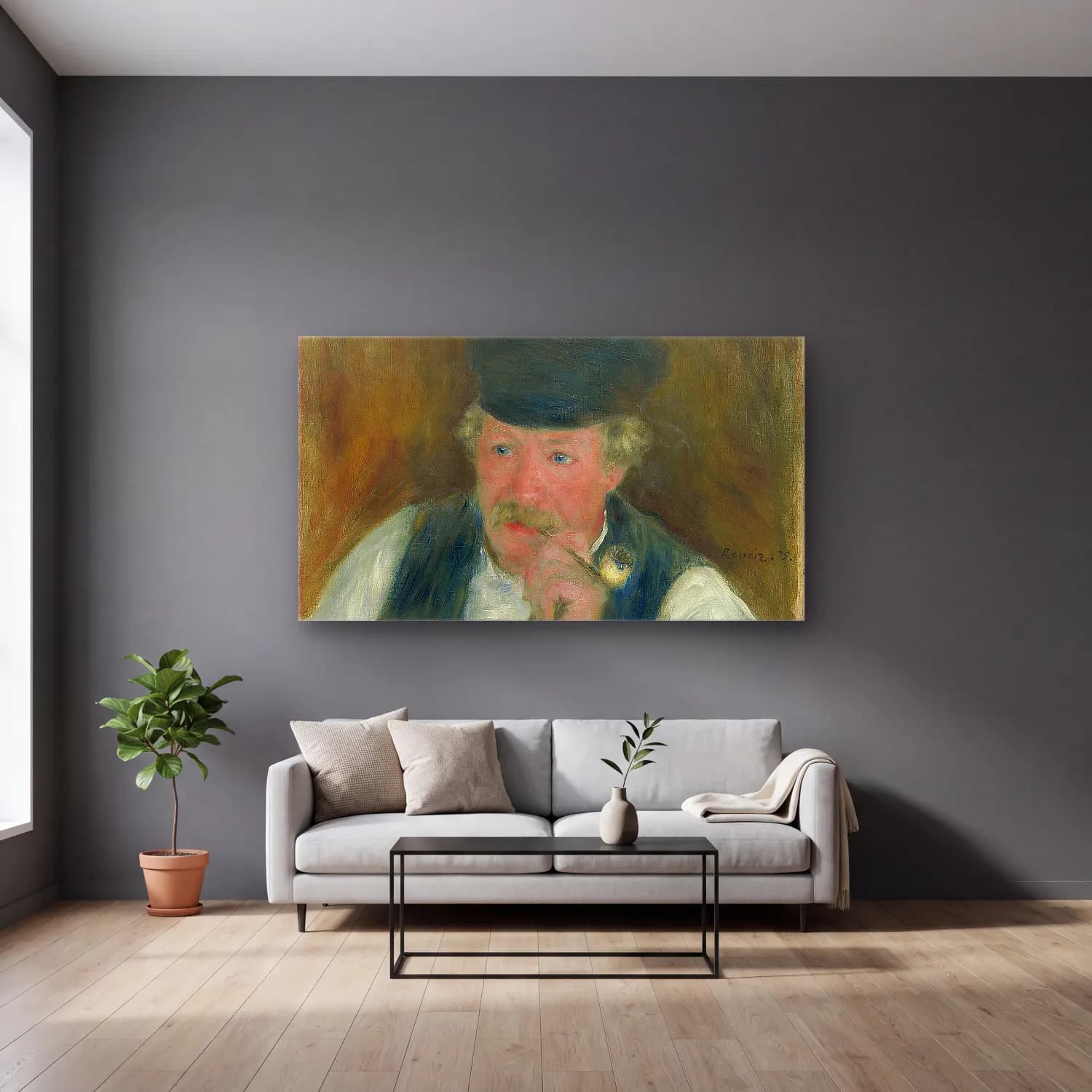 Pierre-Auguste Renoir – Monsieur Fournaise cam tablo — gri duvarlı salonda