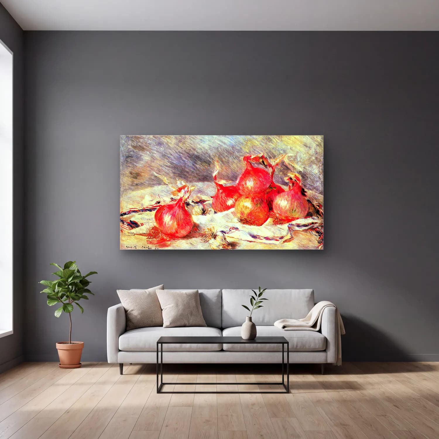 Pierre-Auguste Renoir – Onions cam tablo — gri duvarlı salonda