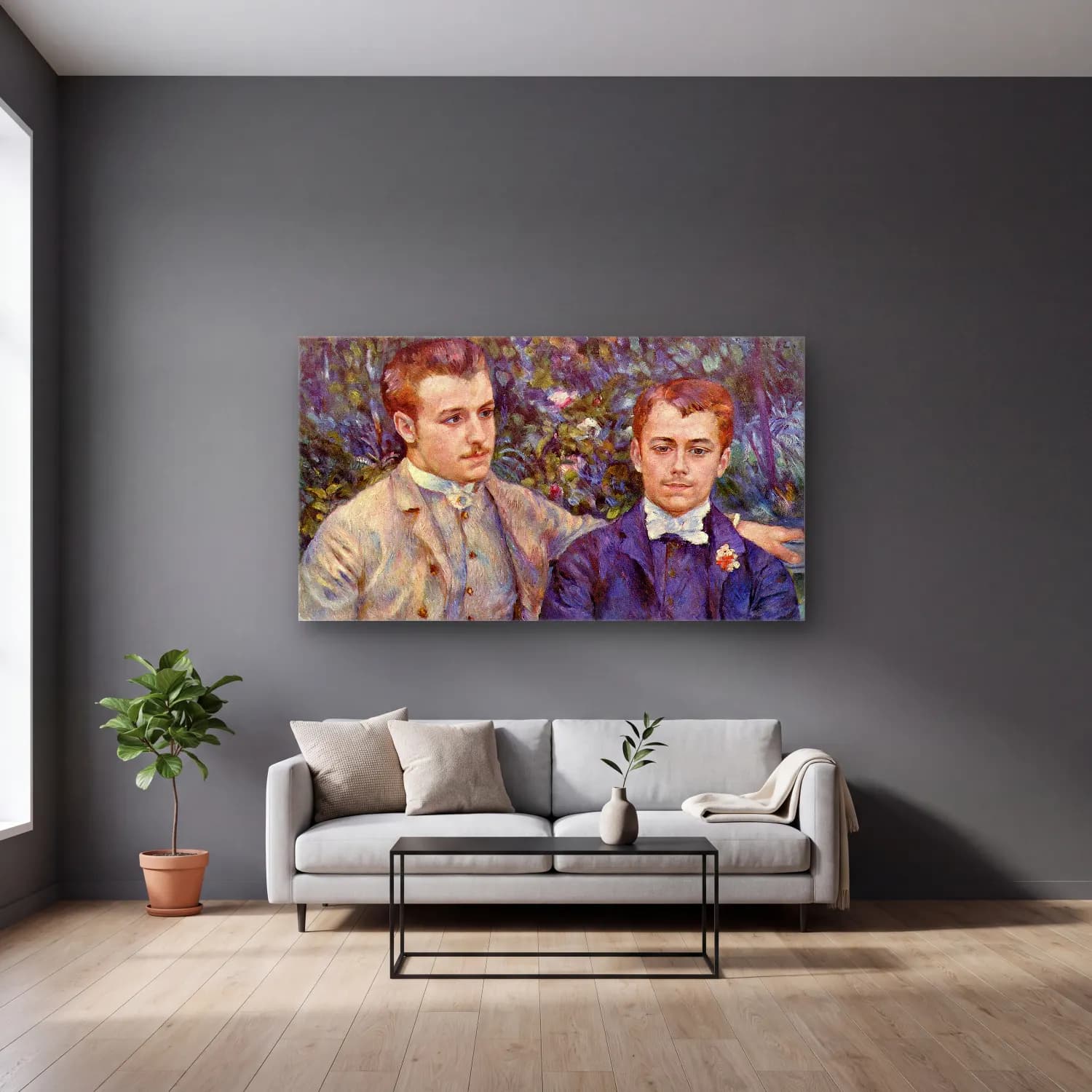 Pierre-Auguste Renoir – Portrait Charles & Georges Durand-Ruel cam tablo — gri duvarlı salonda