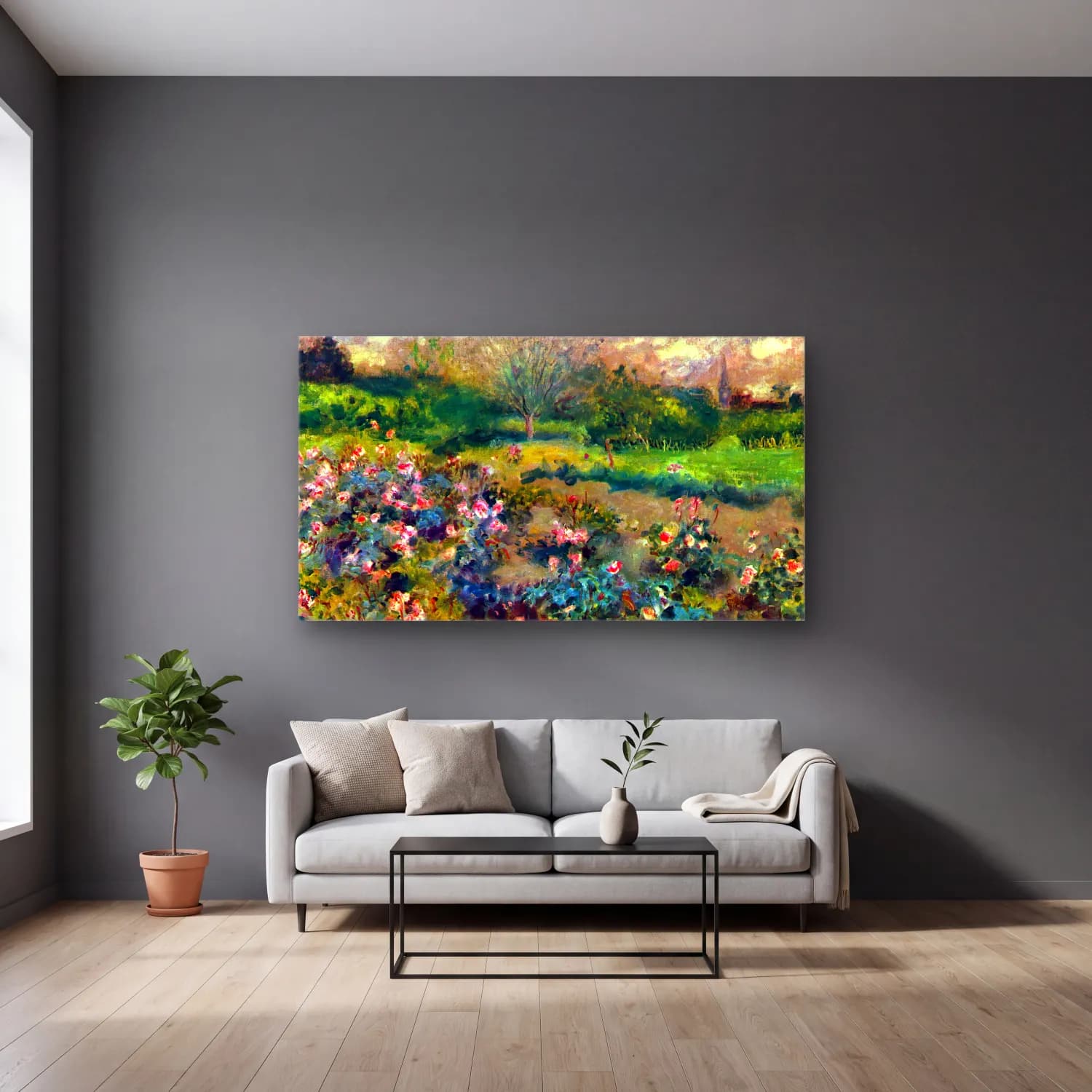 Pierre-Auguste Renoir – Rose grove cam tablo — gri duvarlı salonda