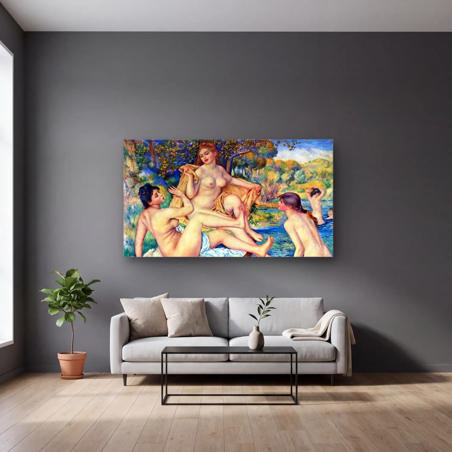 Pierre-Auguste Renoir – The Large Bathers cam tablo — gri duvarlı salonda