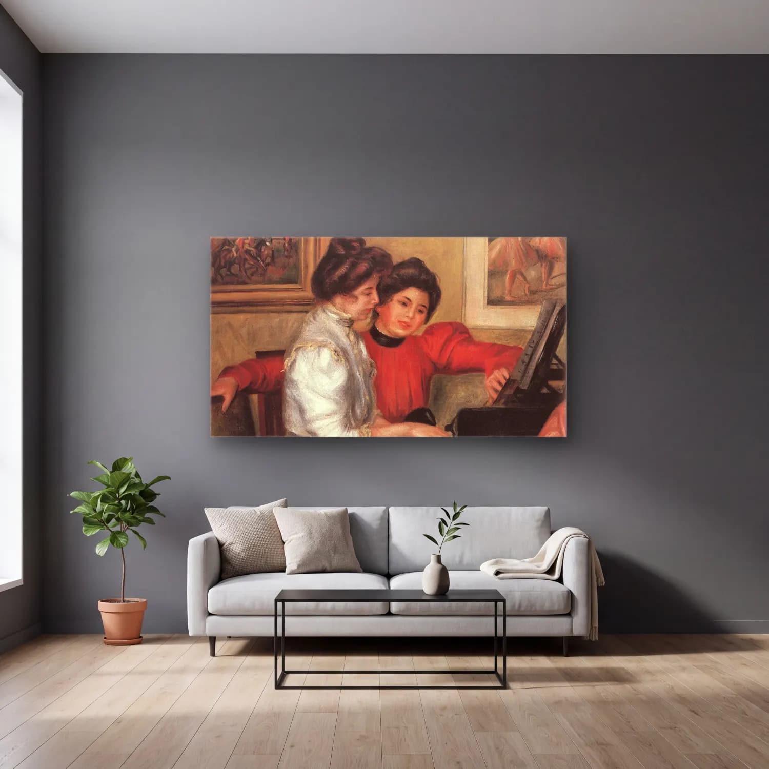 Pierre-Auguste Renoir – Yvonne and Christine Lerolle at the piano cam tablo — gri duvarlı salonda