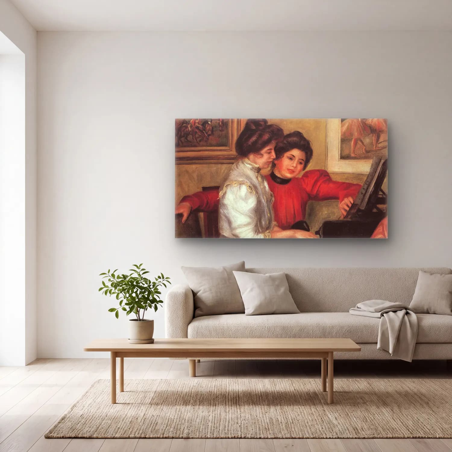Pierre-Auguste Renoir – Yvonne and Christine Lerolle at the piano cam tablo — açık renk salonda