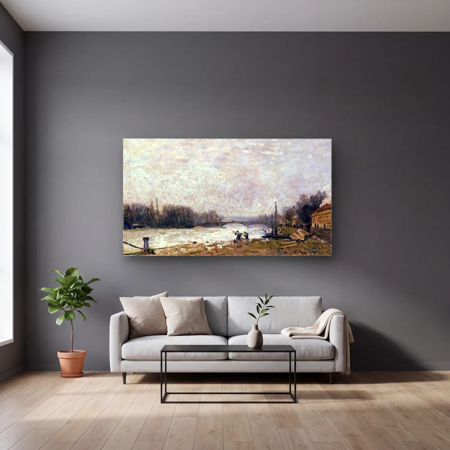 Alfred Sisley – After the Debacle, the Seine at Pont de Suresnes cam tablo — gri duvarlı salonda