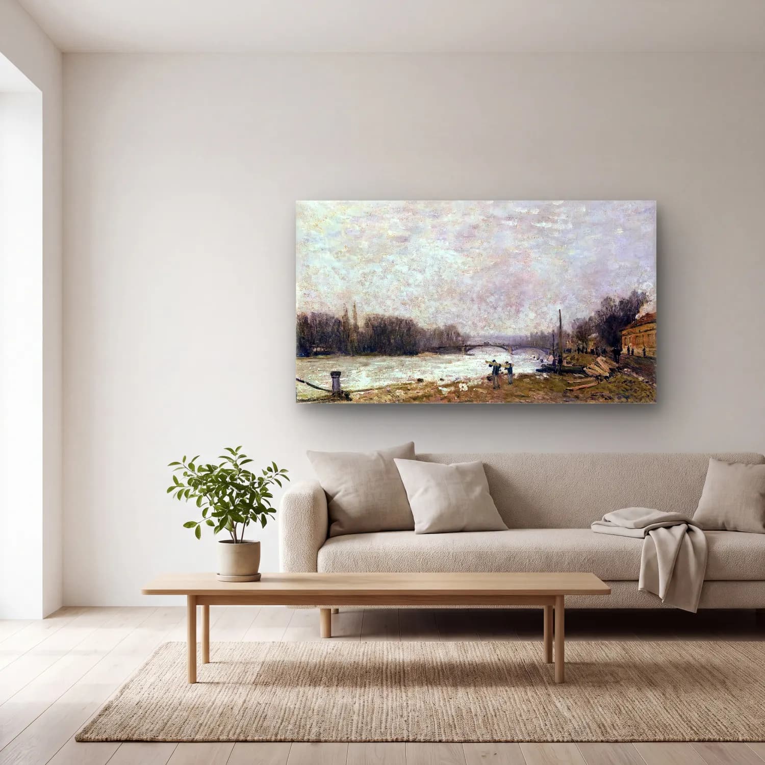 Alfred Sisley – After the Debacle, the Seine at Pont de Suresnes cam tablo — açık renk salonda