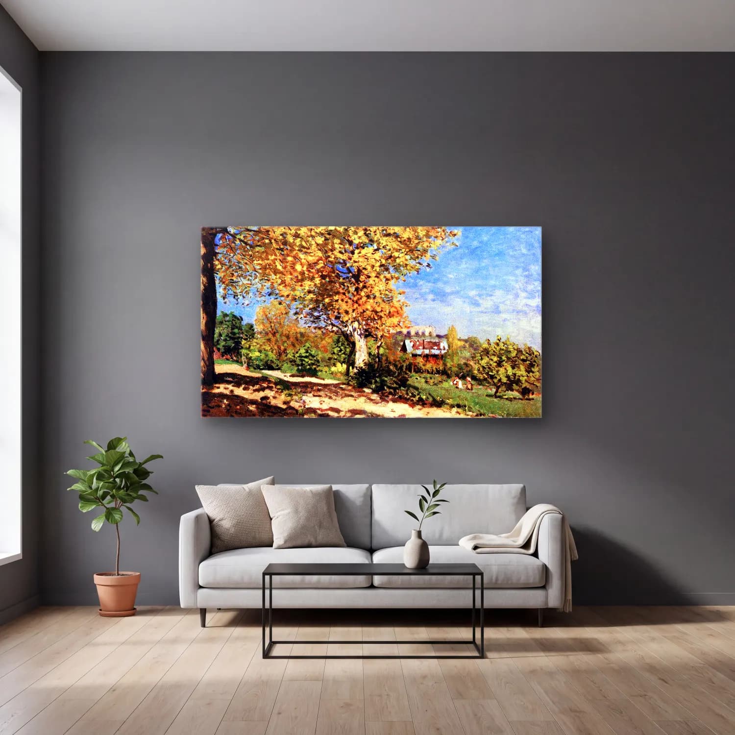 Alfred Sisley – Landscape at Louveciennes cam tablo — gri duvarlı salonda