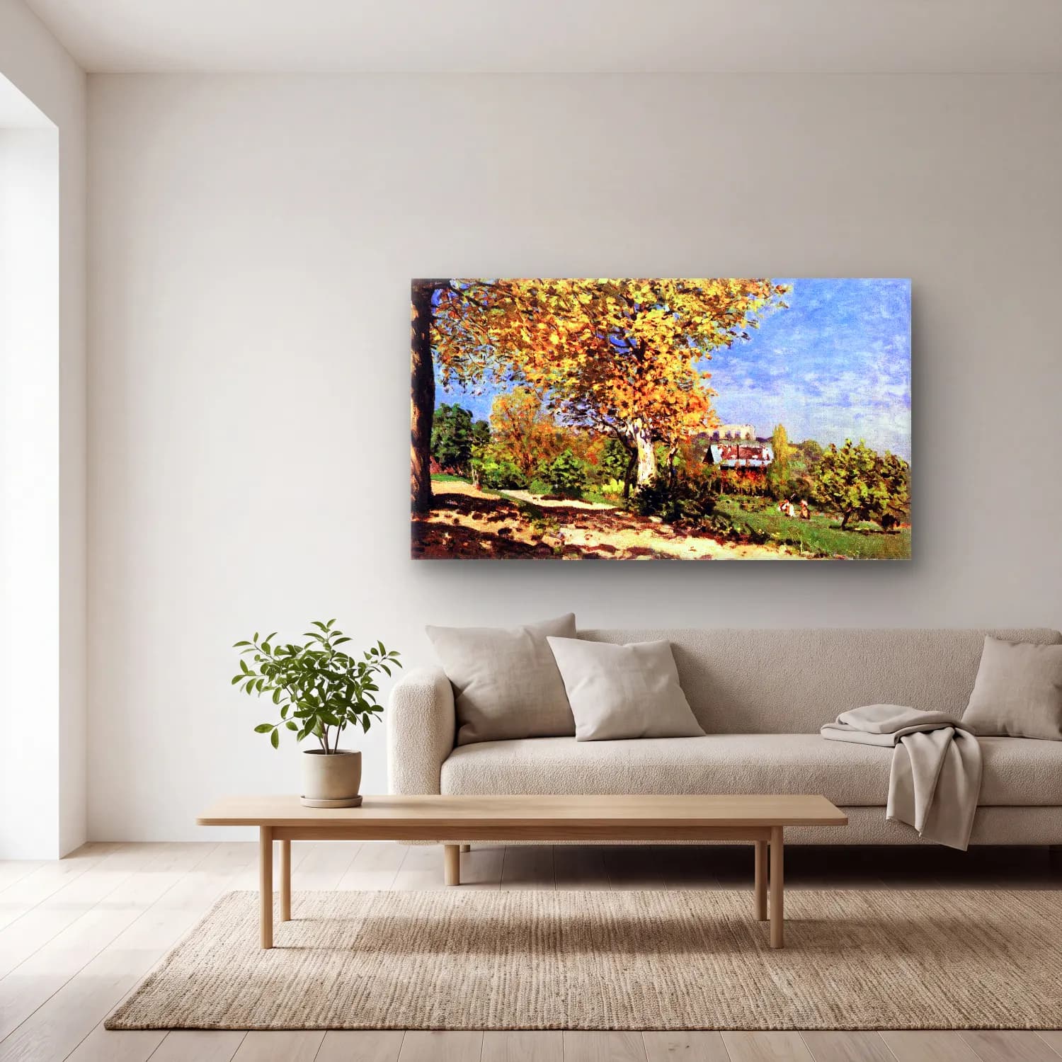 Alfred Sisley – Landscape at Louveciennes cam tablo — açık renk salonda