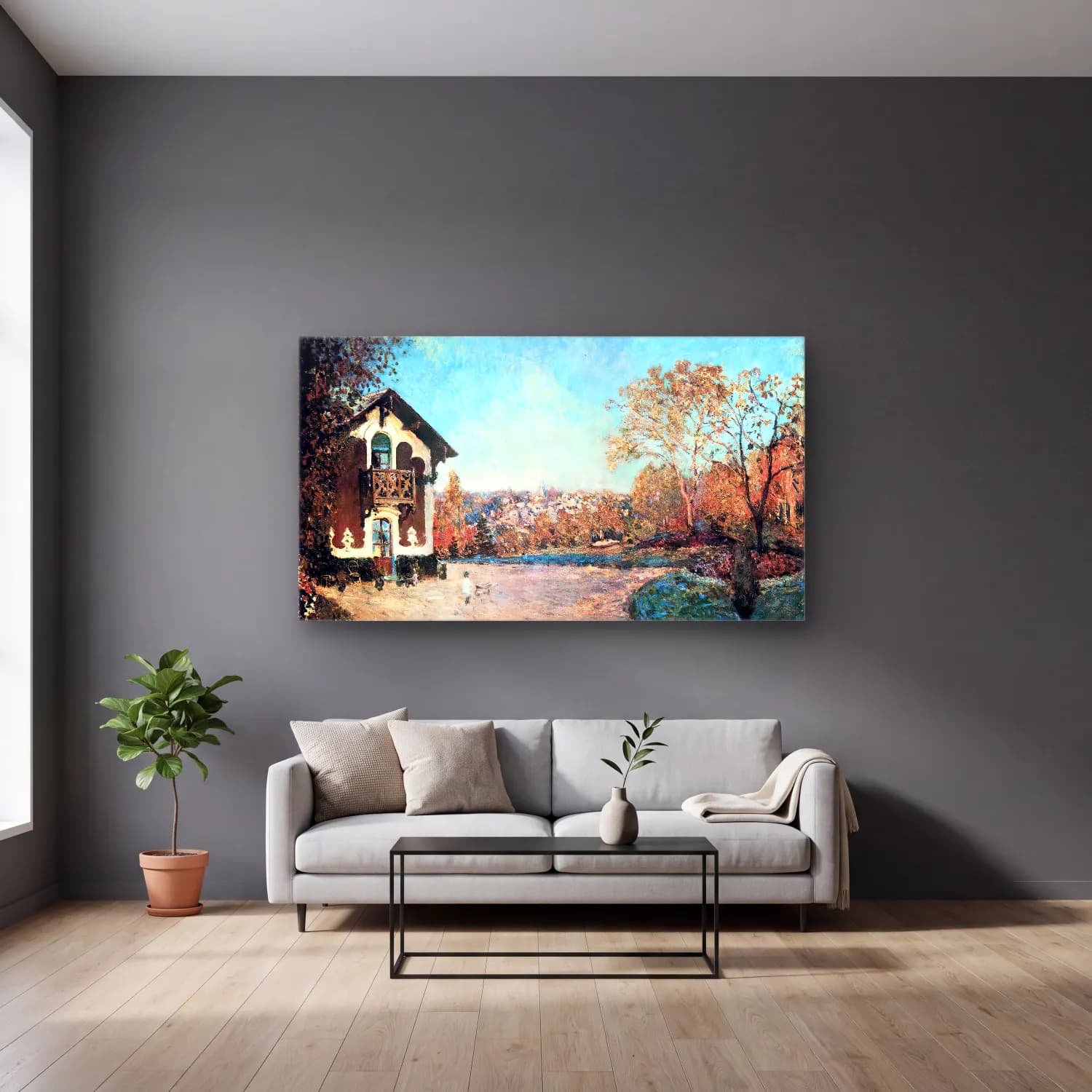 Alfred Sisley – Louveciennes cam tablo — gri duvarlı salonda