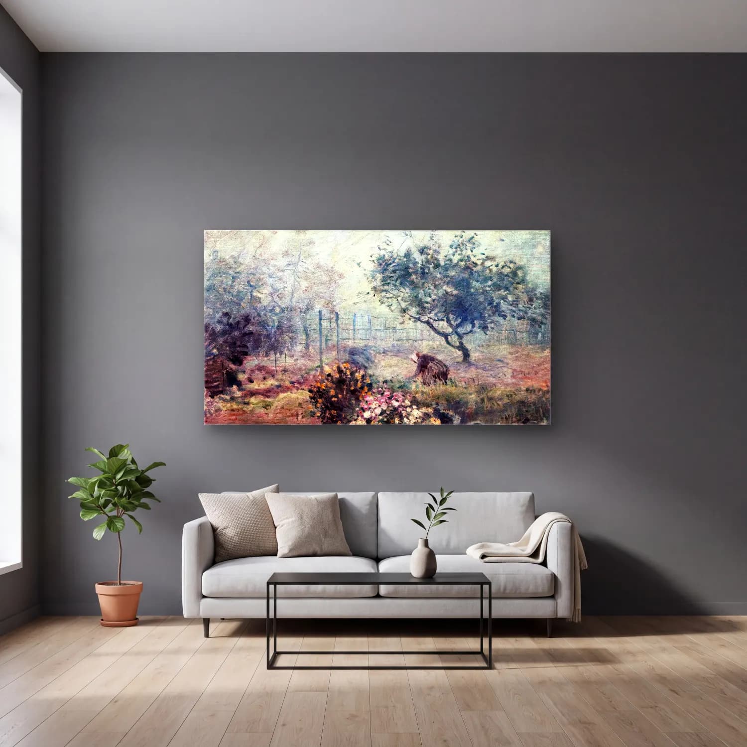 Alfred Sisley – Mist cam tablo — gri duvarlı salonda
