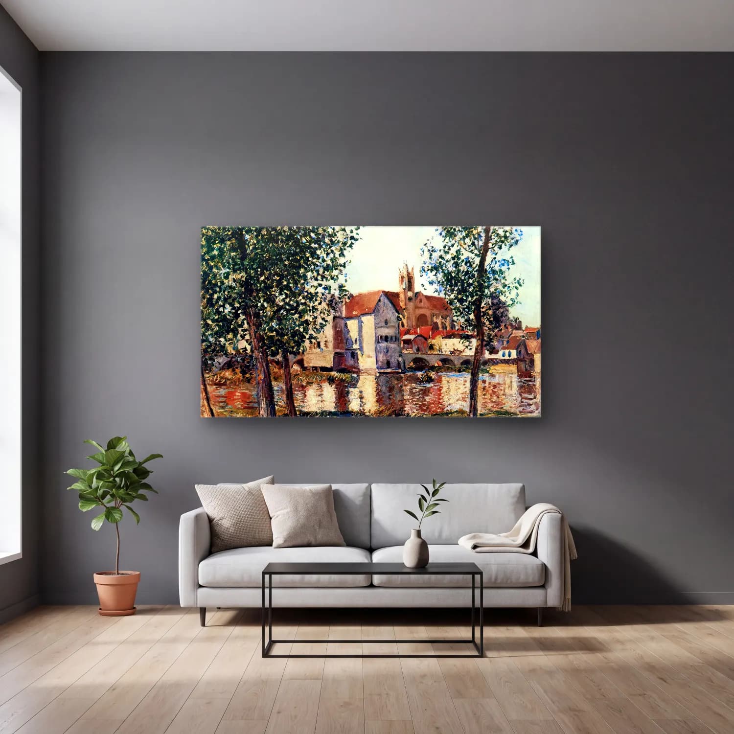 Alfred Sisley – Moret-sur-Loing in Morning Sun cam tablo — gri duvarlı salonda