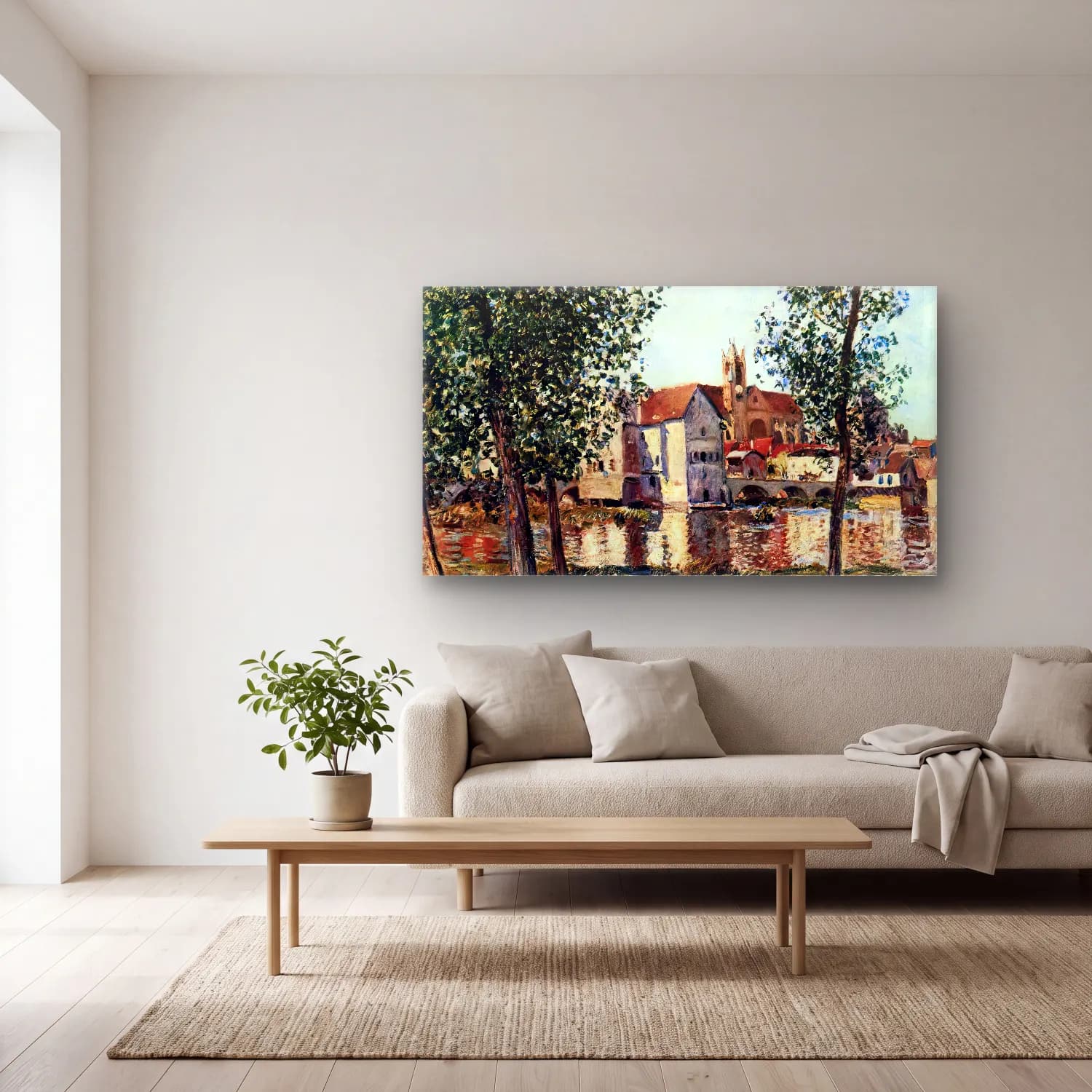 Alfred Sisley – Moret-sur-Loing in Morning Sun cam tablo — açık renk salonda