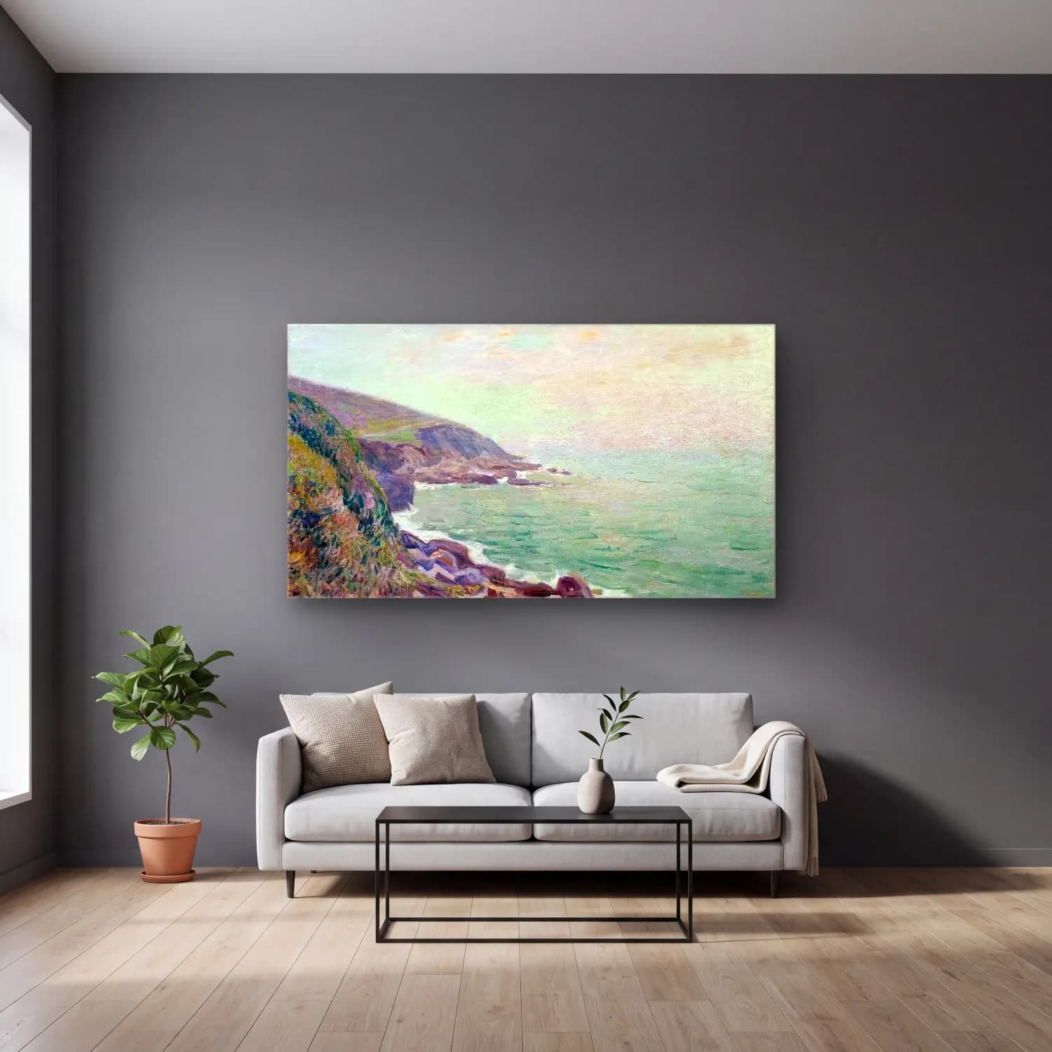 Alfred Sisley – On the Cliffs, Langland Bay, Wales cam tablo — gri duvarlı salonda