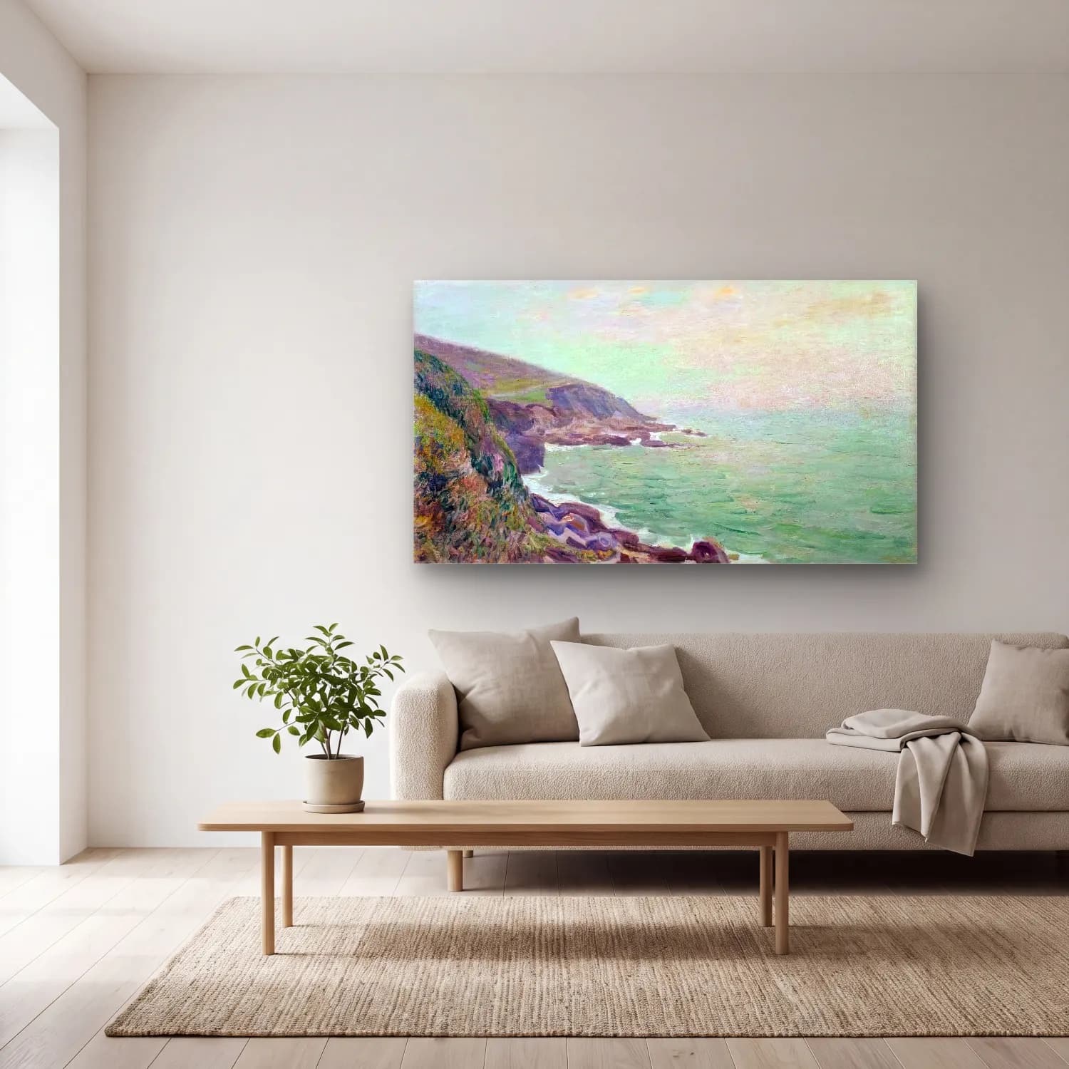 Alfred Sisley – On the Cliffs, Langland Bay, Wales cam tablo — açık renk salonda