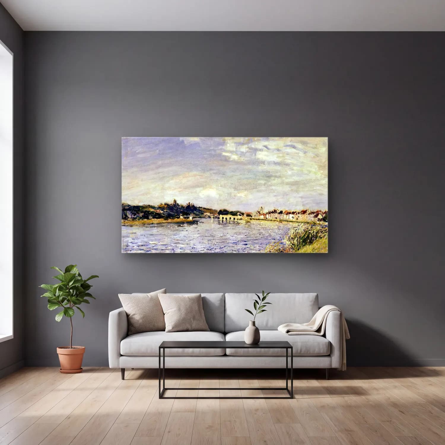 Alfred Sisley – Saint-Mammès-sur-le-Loing cam tablo — gri duvarlı salonda