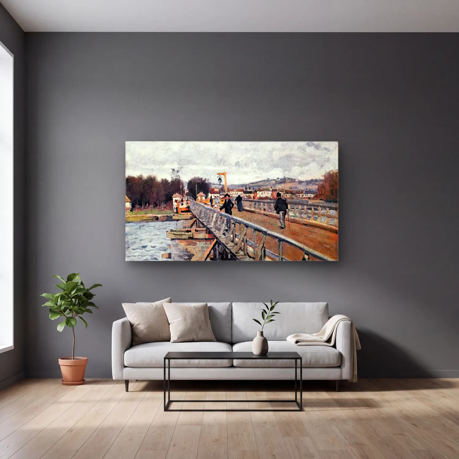 Alfred Sisley – The Footbridge at Argenteuil cam tablo — gri duvarlı salonda
